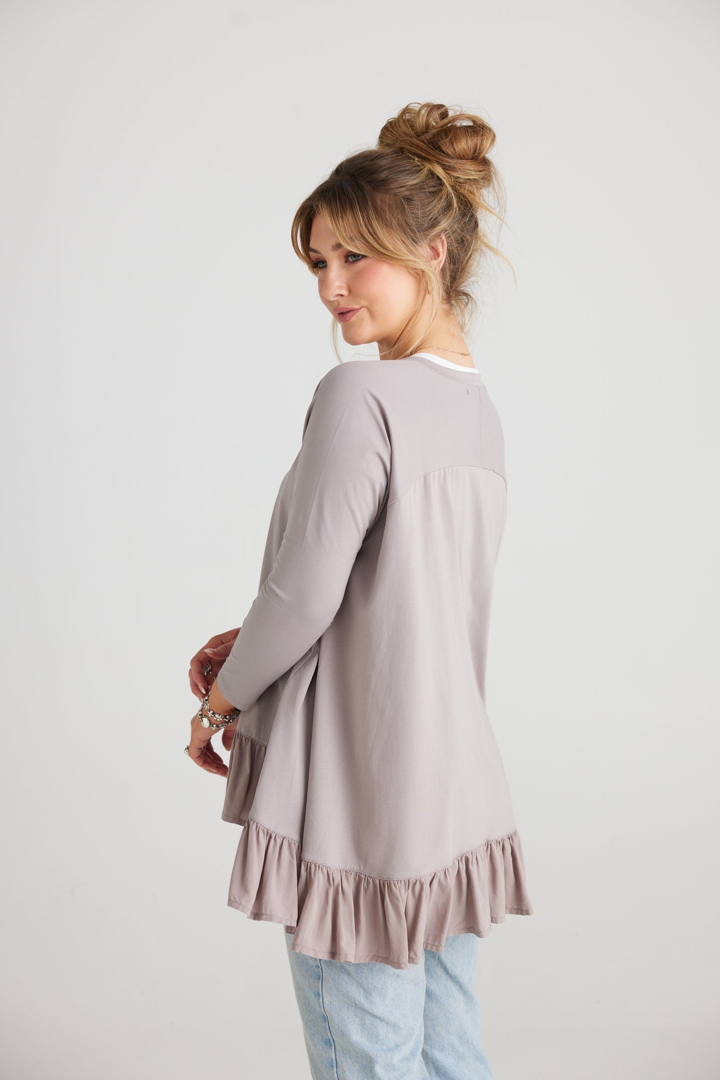 Ruby Ruffle Top. Dove Grey