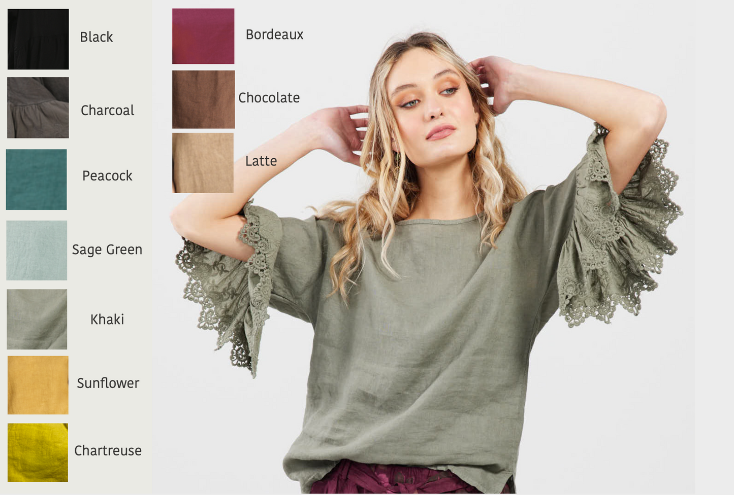 Ellie Ruffled lace Linen Top. Limited time colours