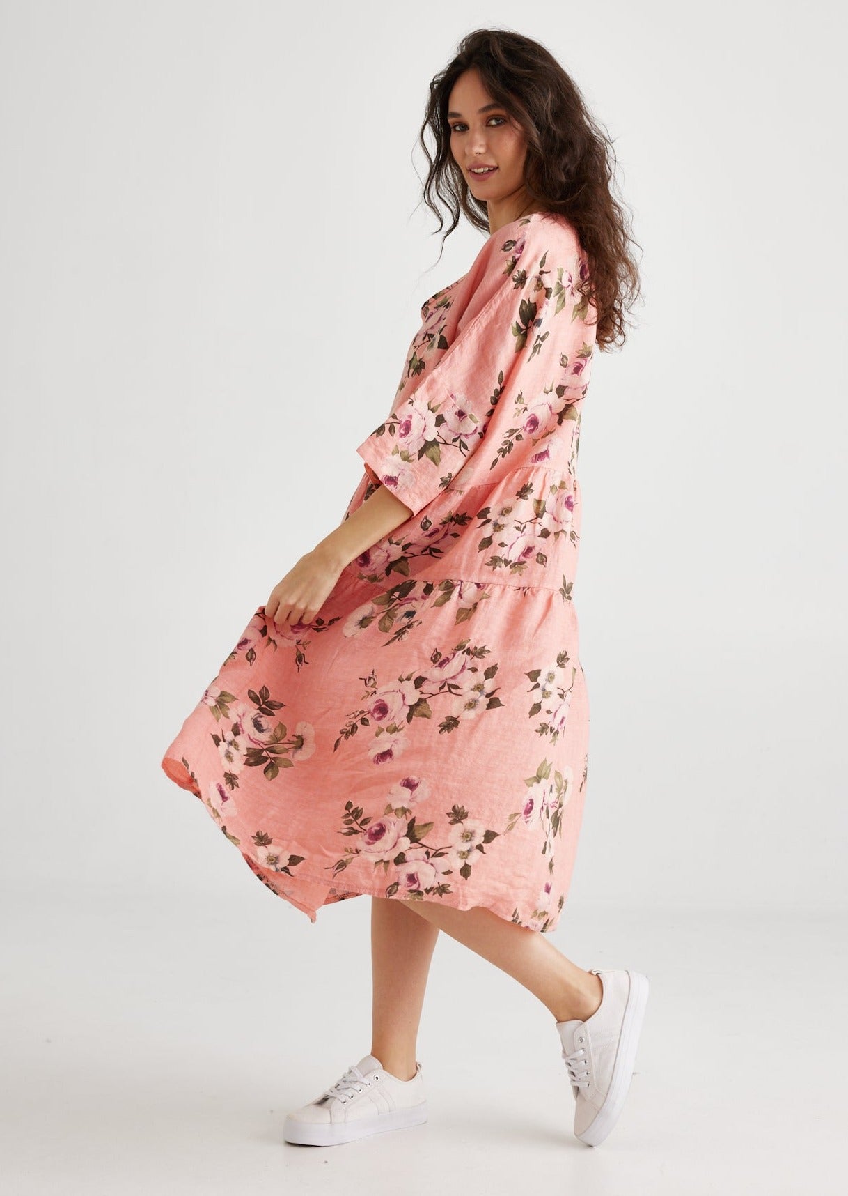 Stella Linen Floral Dress. Shell Pink