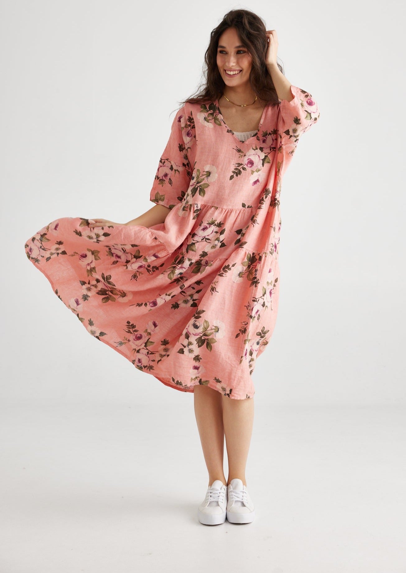 Stella Linen Floral Dress. Shell Pink