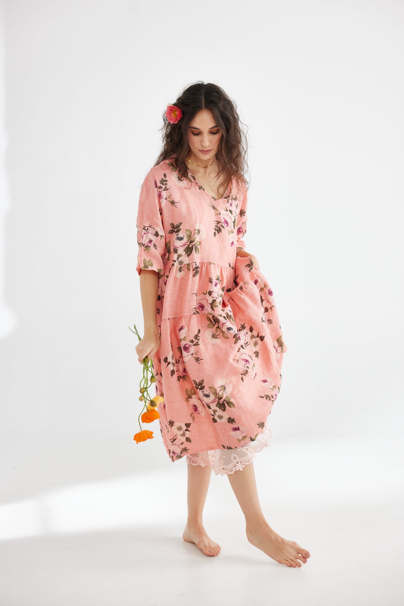 Stella Linen Floral Dress. Shell Pink