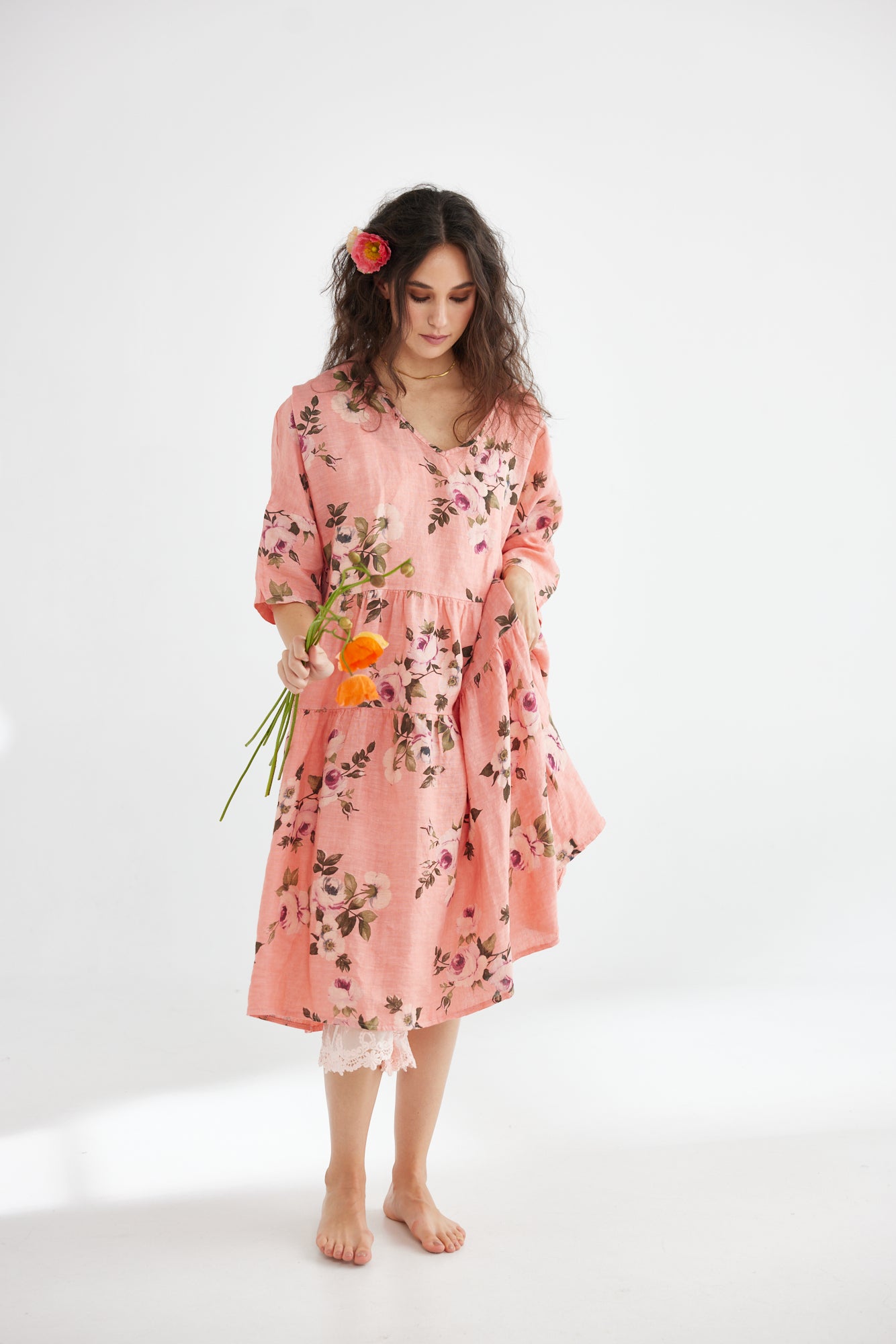 Stella Linen Floral Dress. Shell Pink