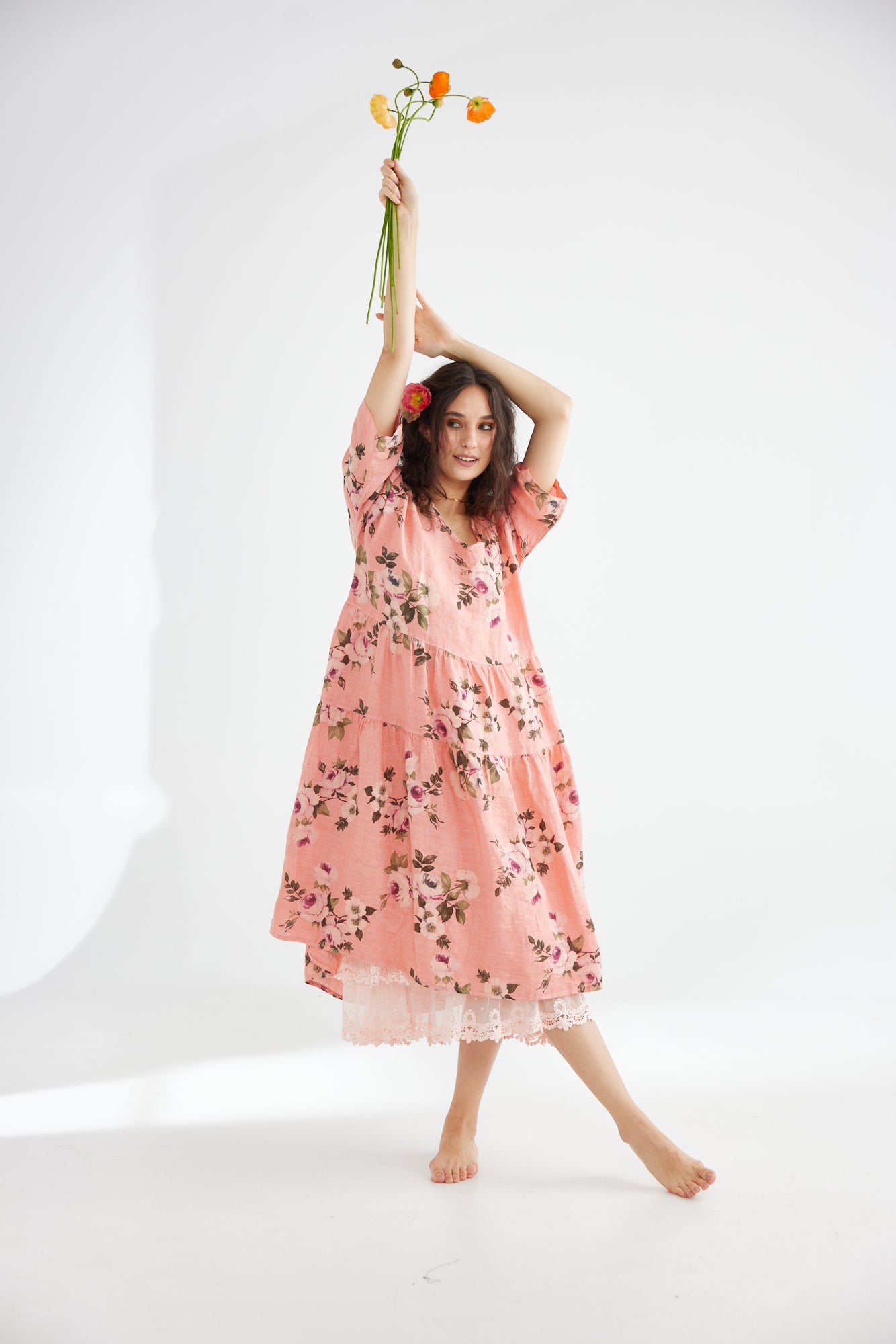 Stella Linen Floral Dress. Shell Pink