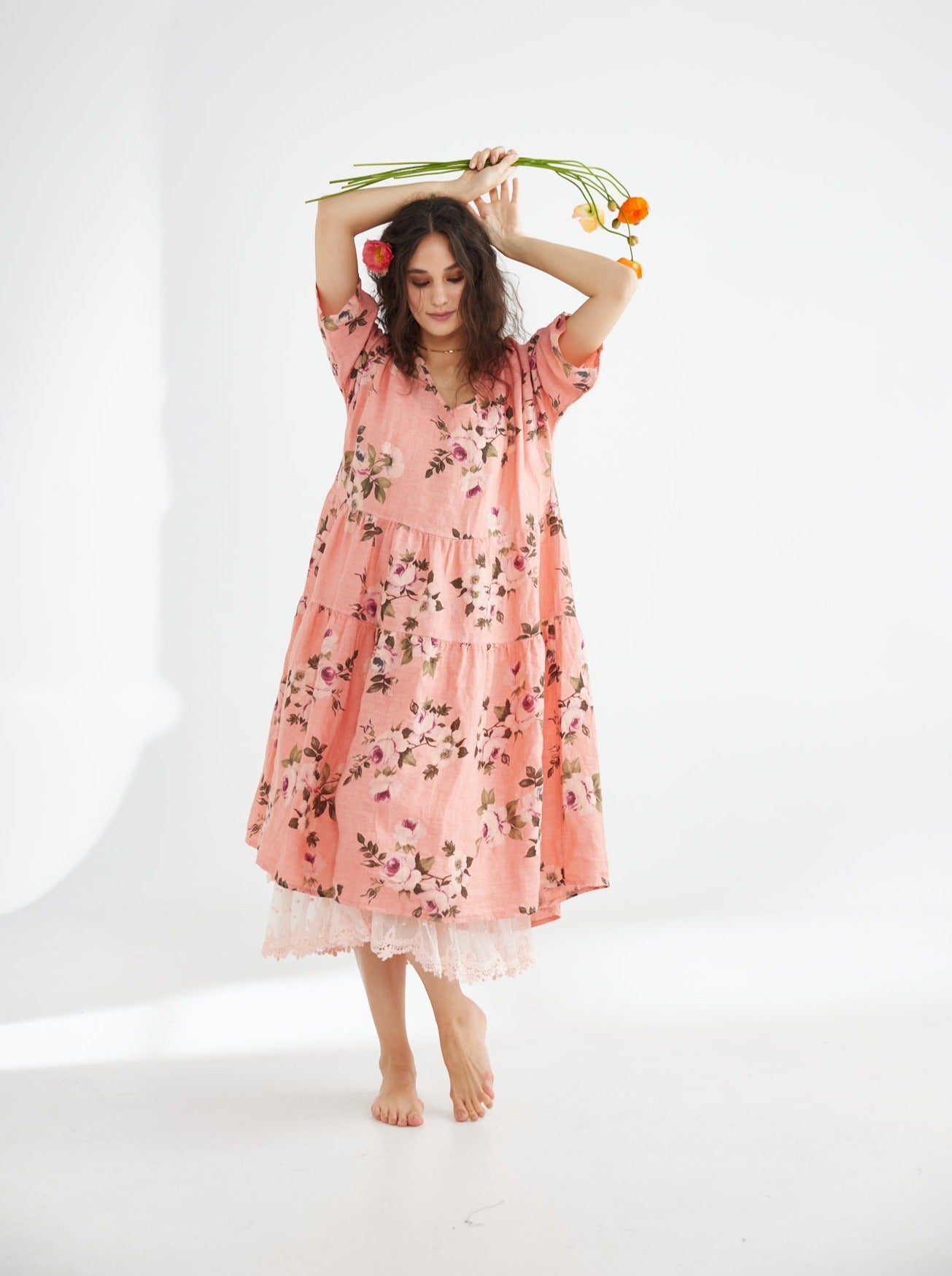 Stella Linen Floral Dress. Shell Pink