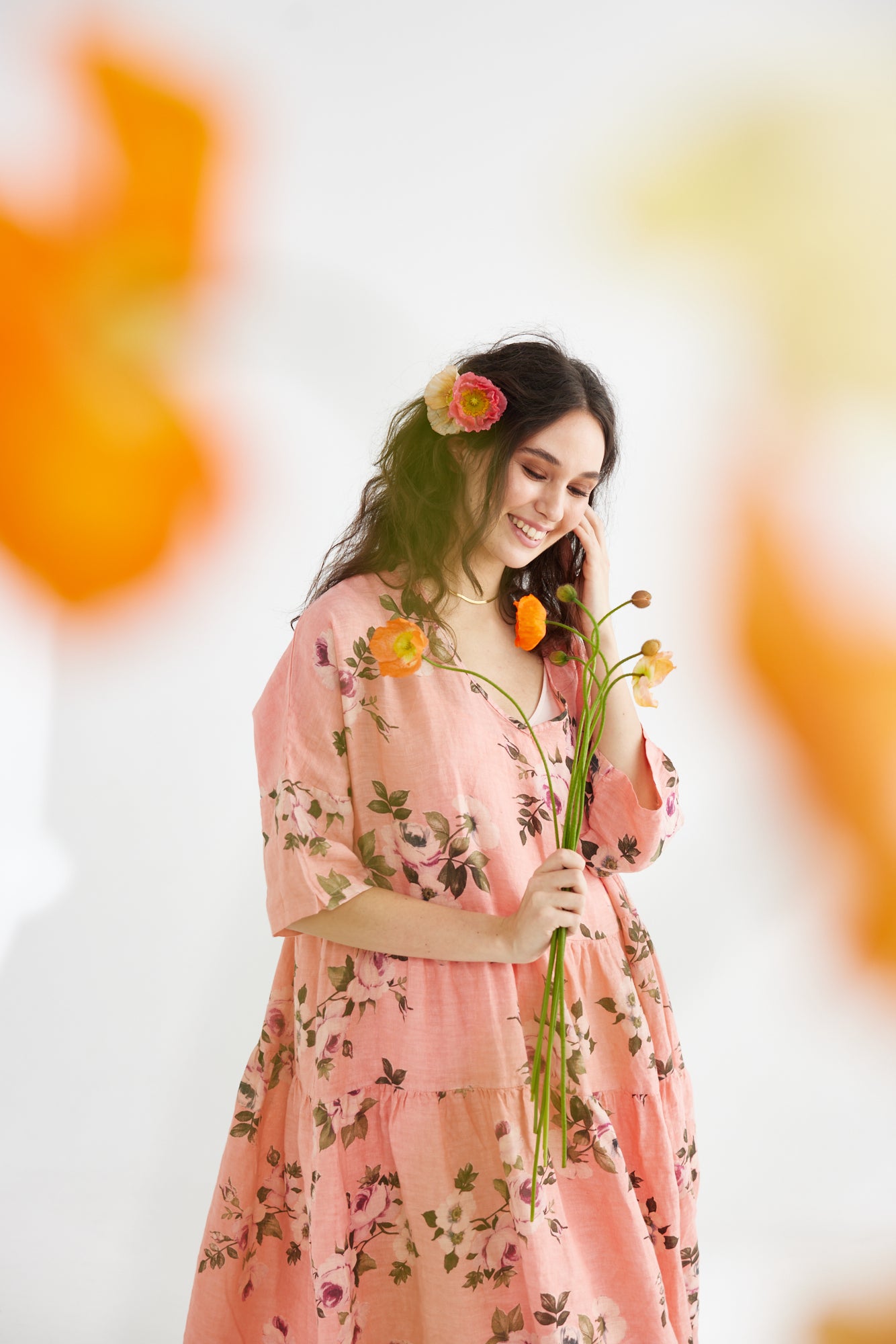 Stella Linen Floral Dress. Shell Pink