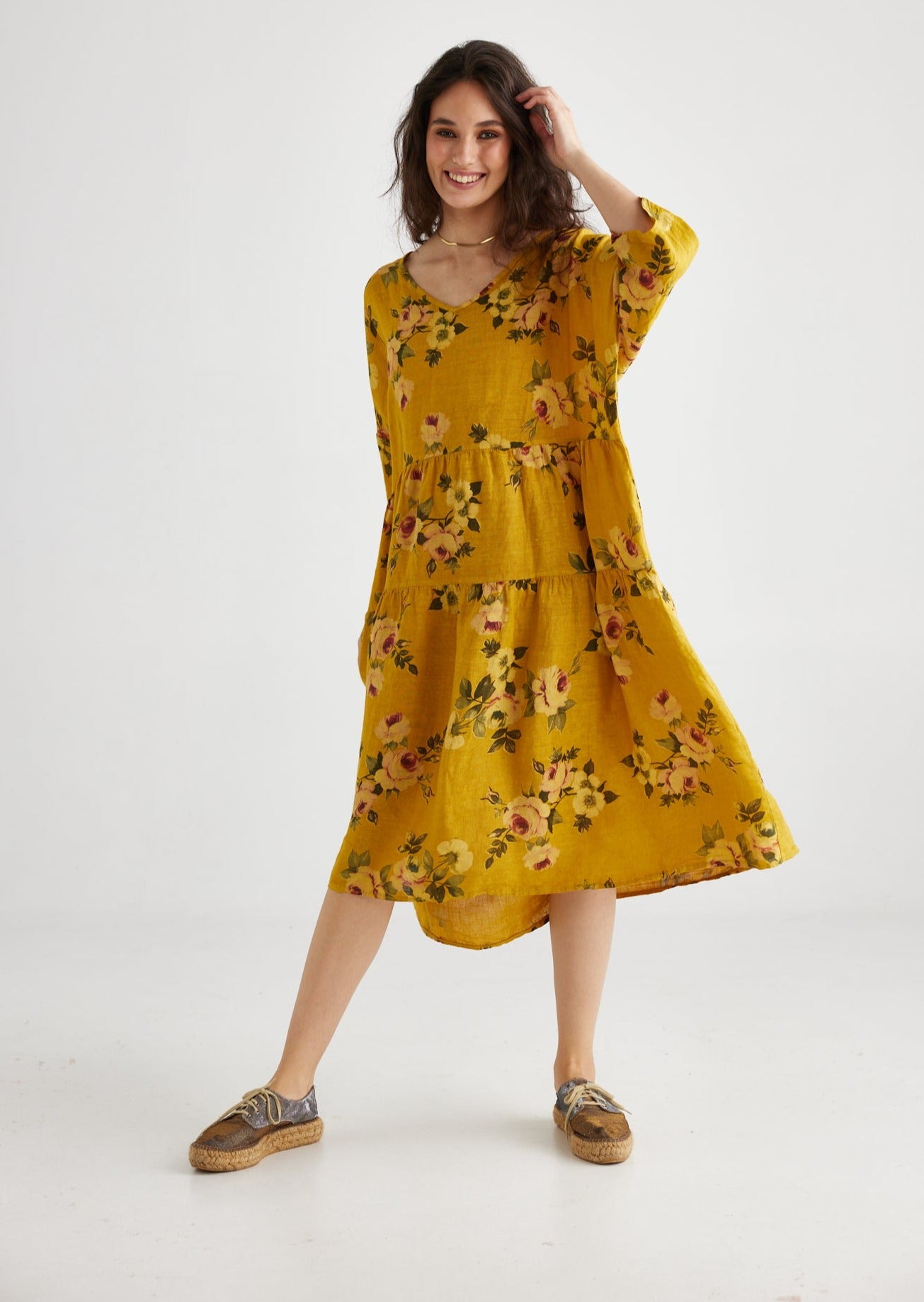 Stella floral linen dress. Sunflower
