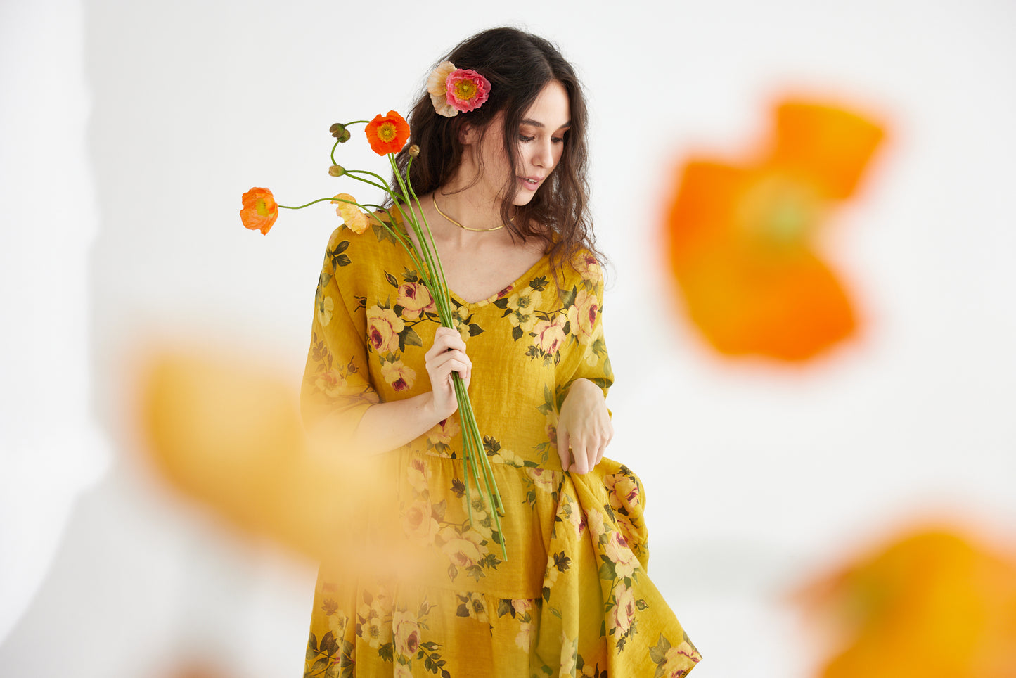 Stella Linen Dress. Sunflower Floral