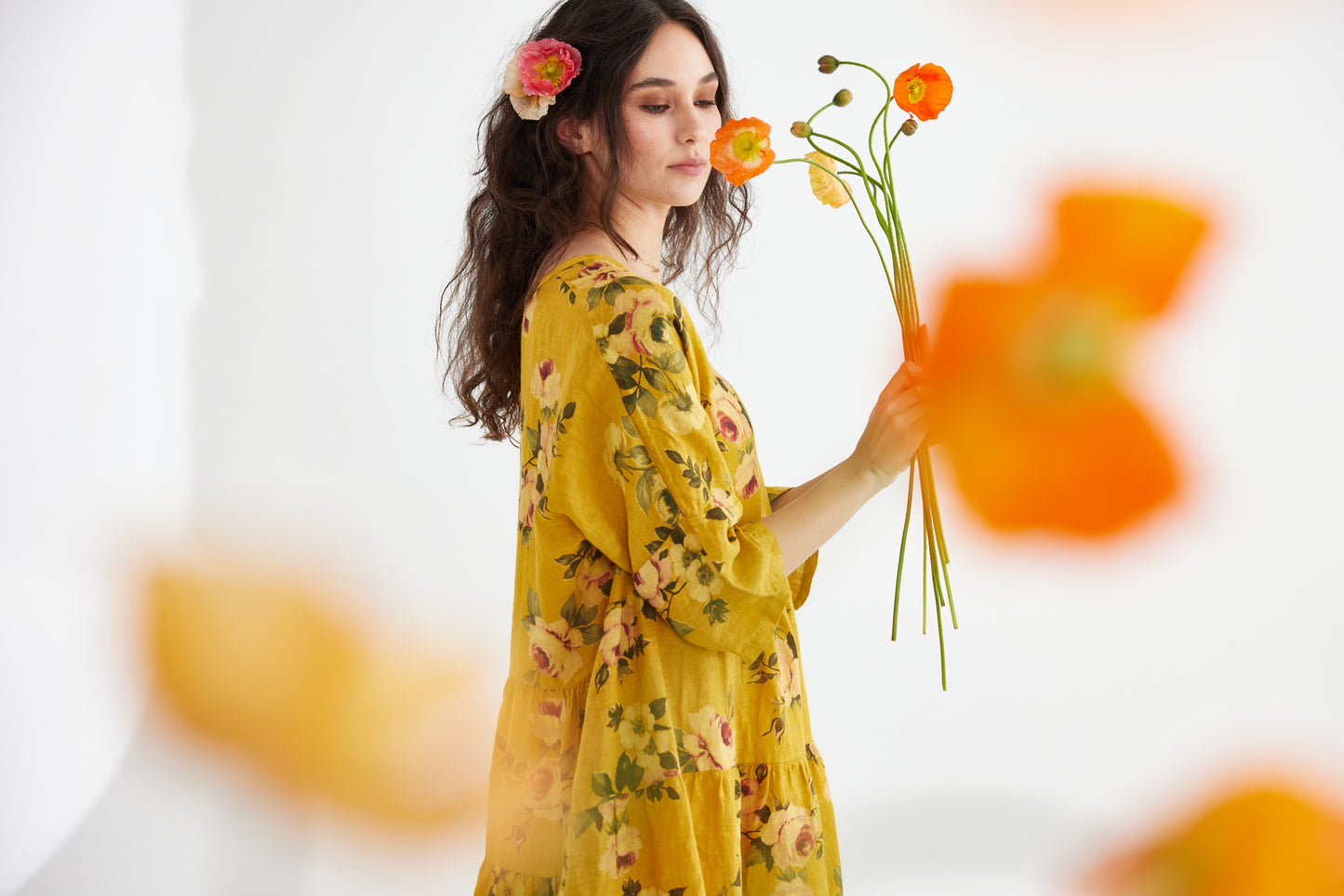 Stella Linen Dress. Sunflower Floral