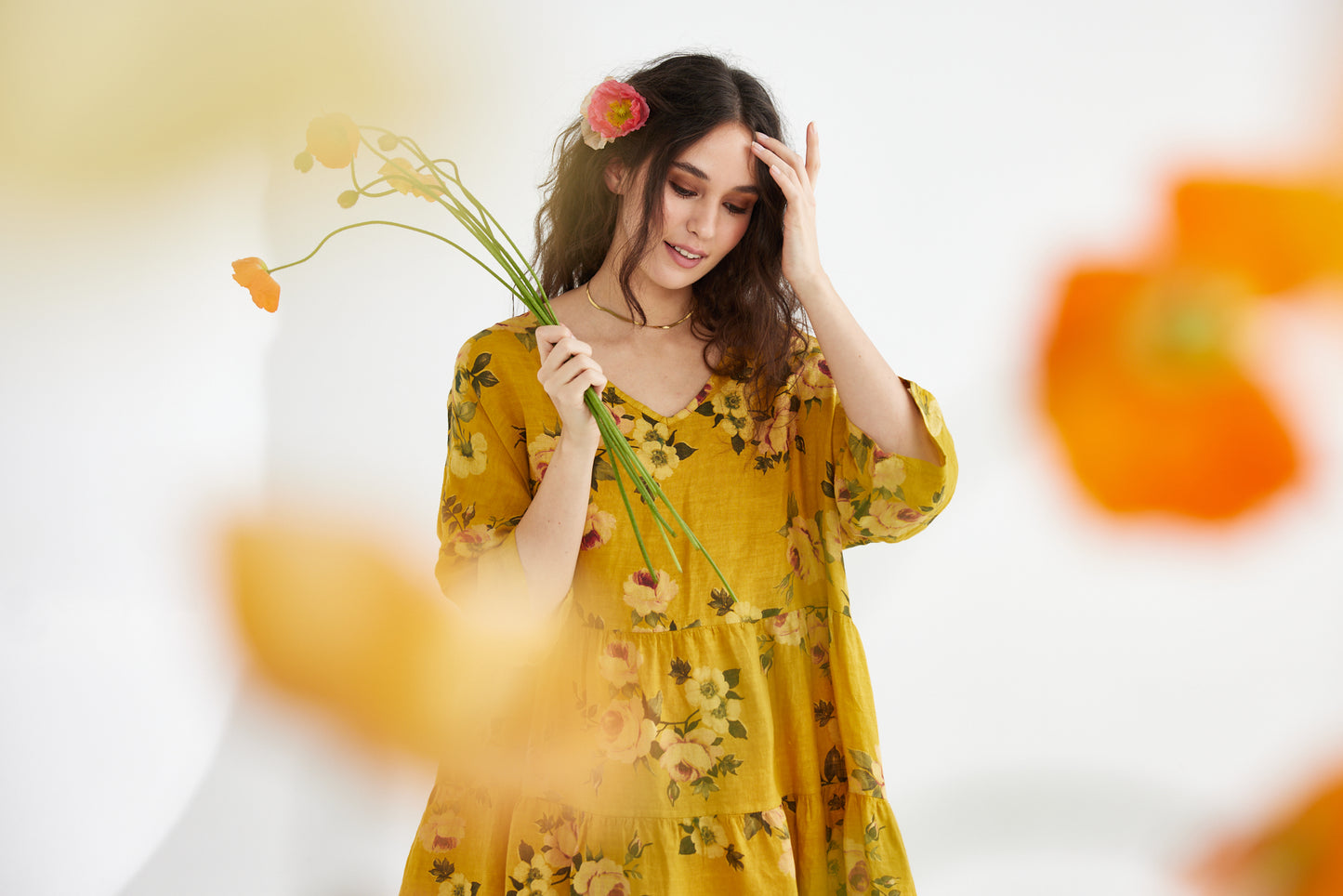 Stella Linen Dress. Sunflower Floral