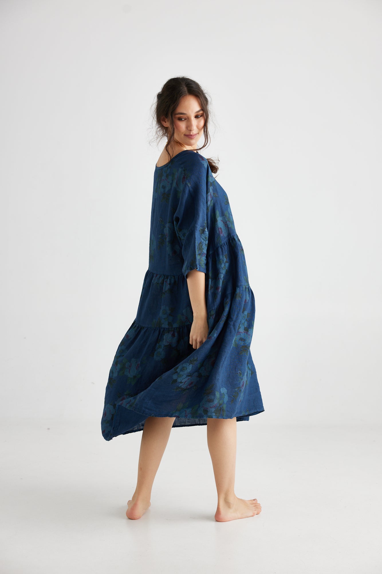 Stella Linen floral dress. Midnight Blue Rose
