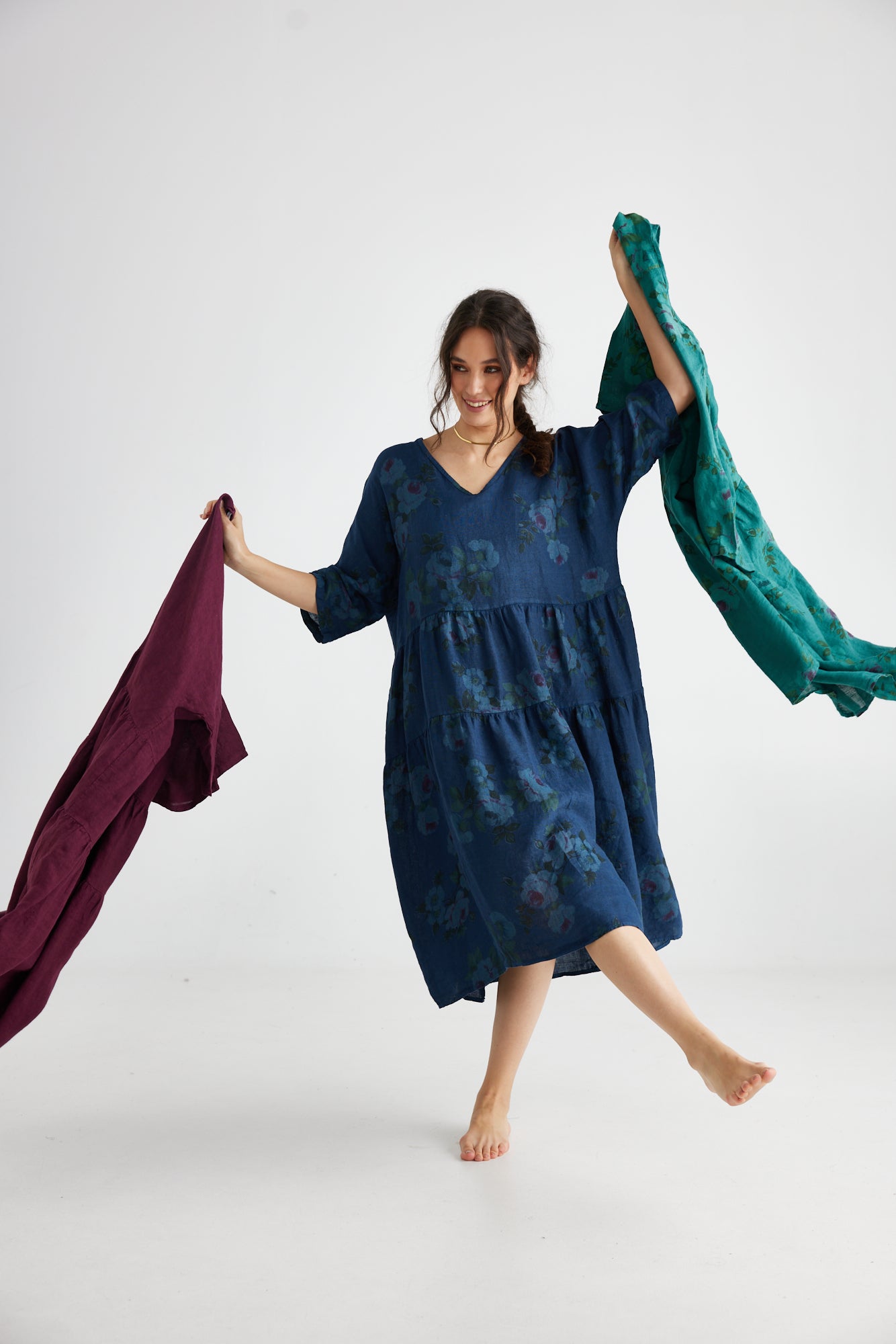 Stella Linen floral dress. Midnight Blue Rose