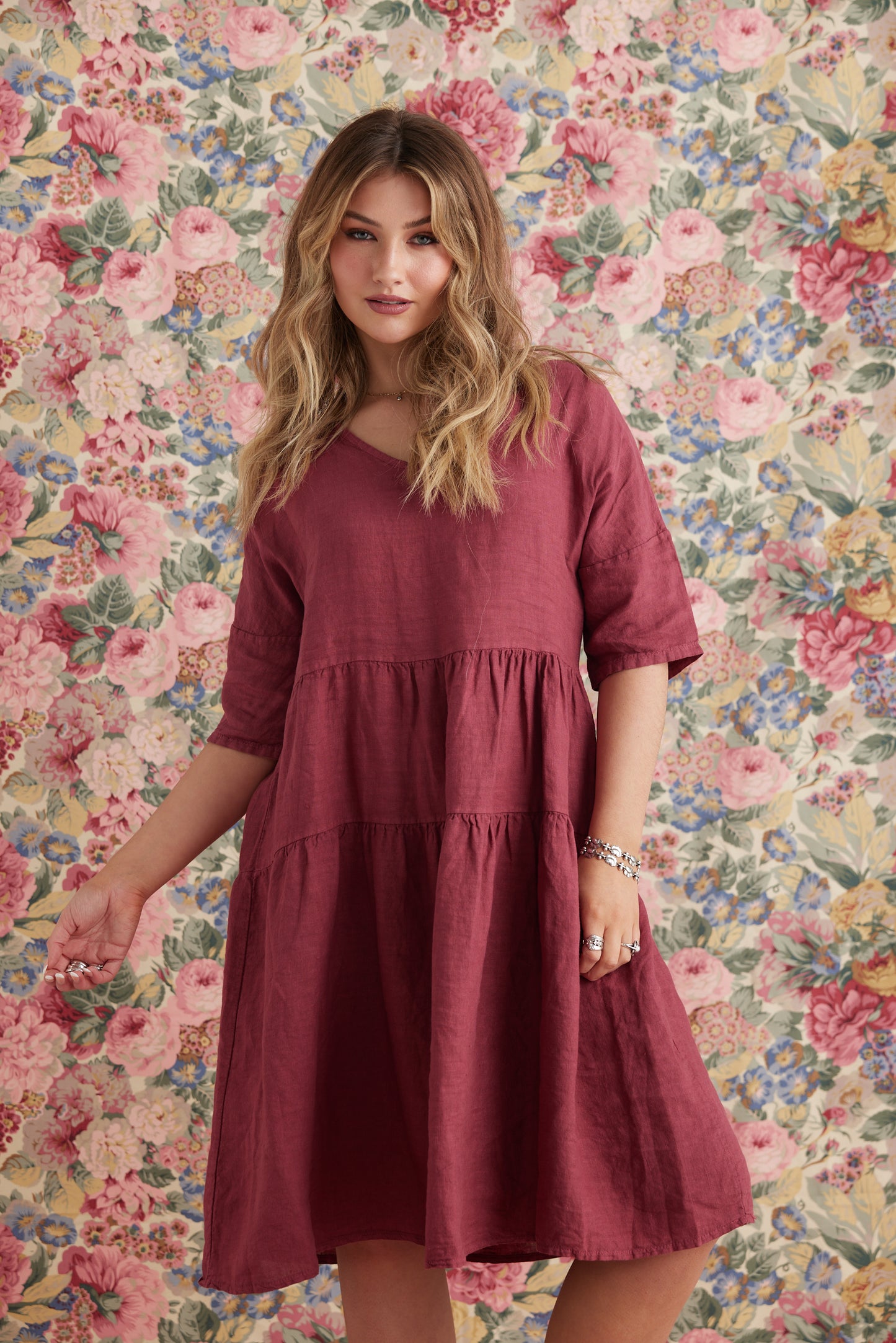 Stella Linen Dress. Cranberry