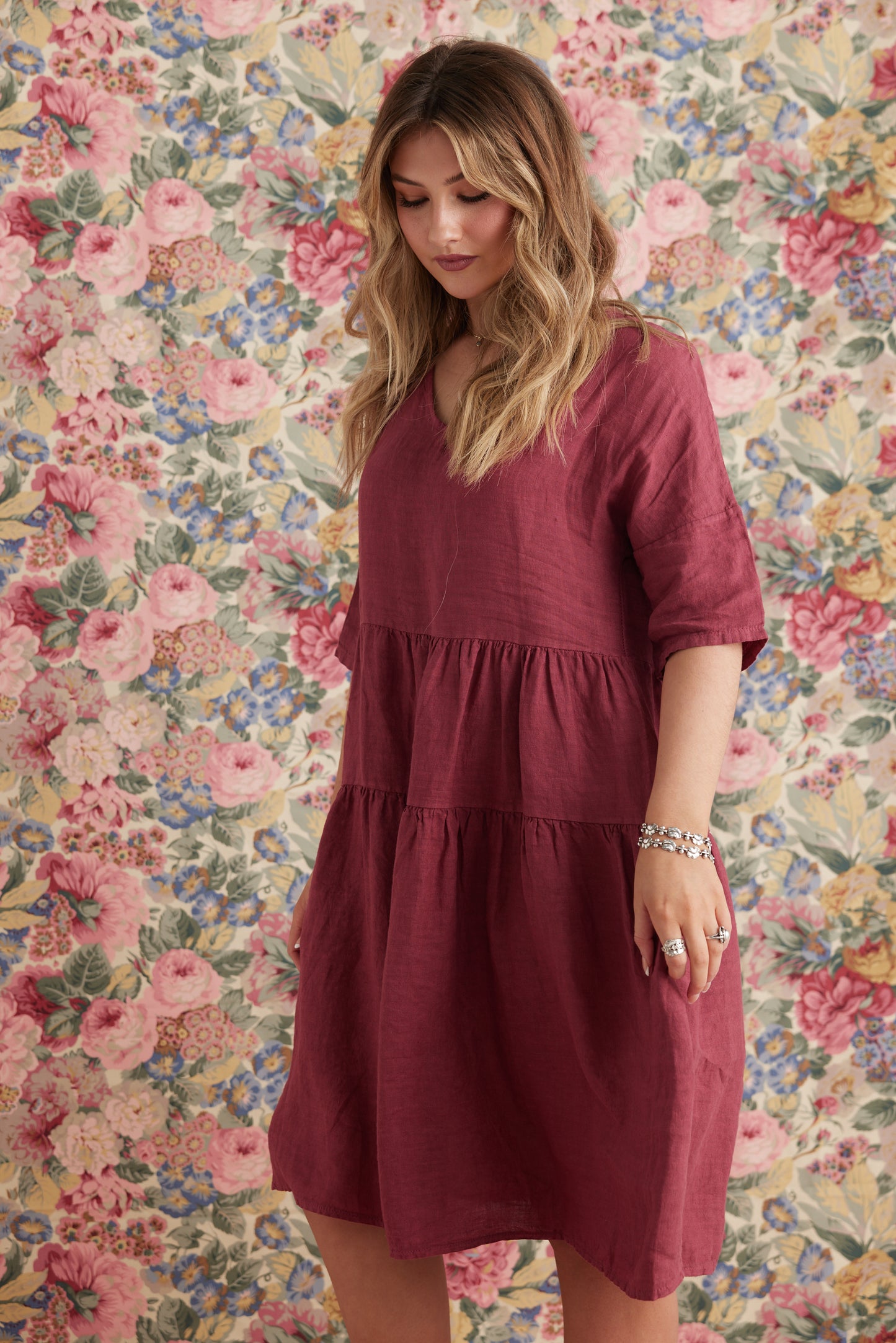 Stella Linen Dress. Cranberry
