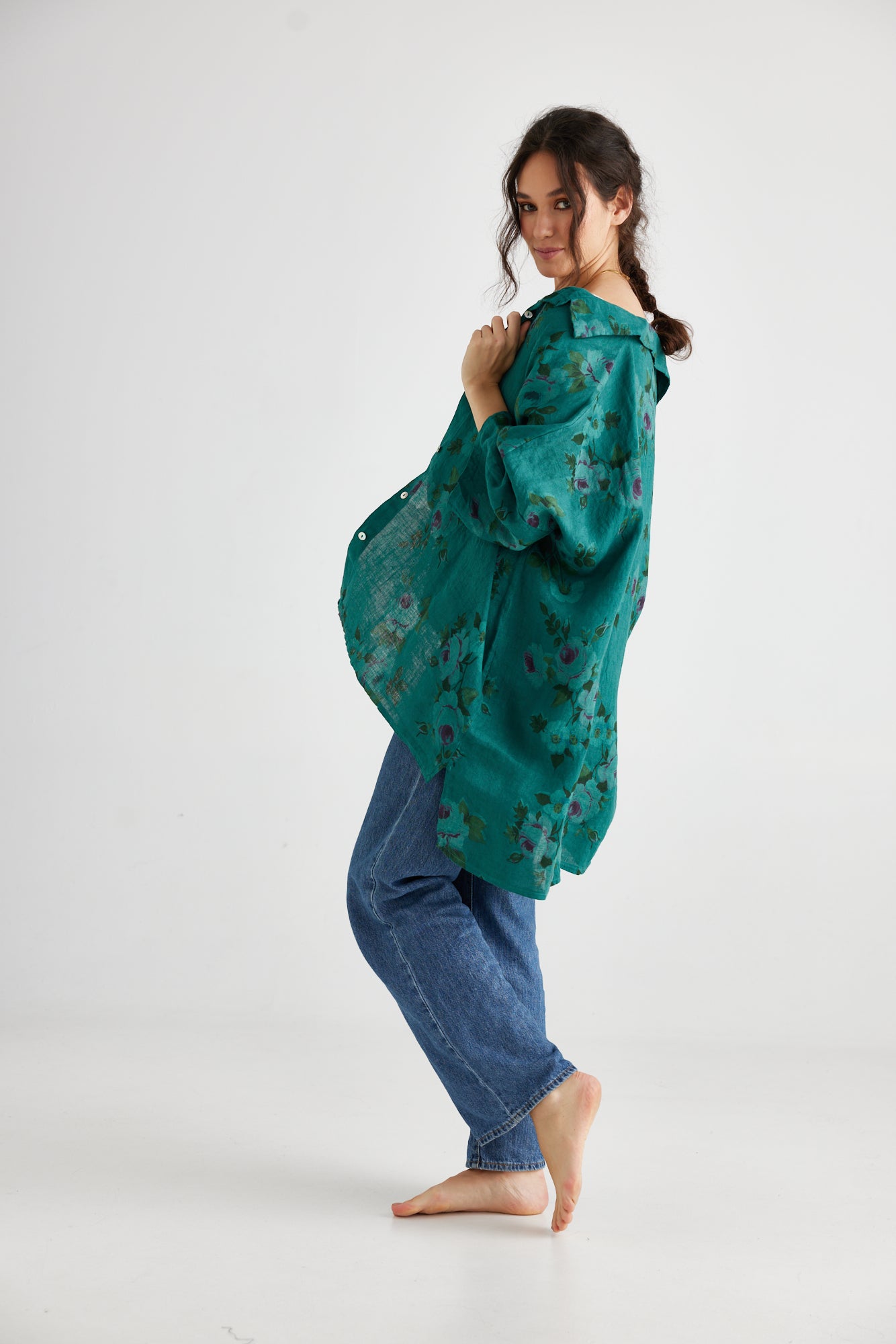 Teddie Linen shirt. Peacock green floral