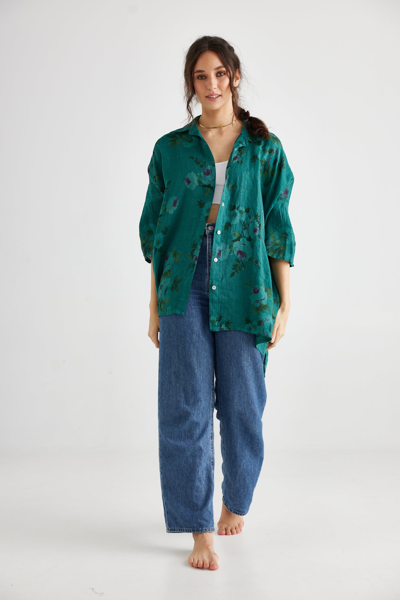 Teddie Linen shirt. Peacock green floral