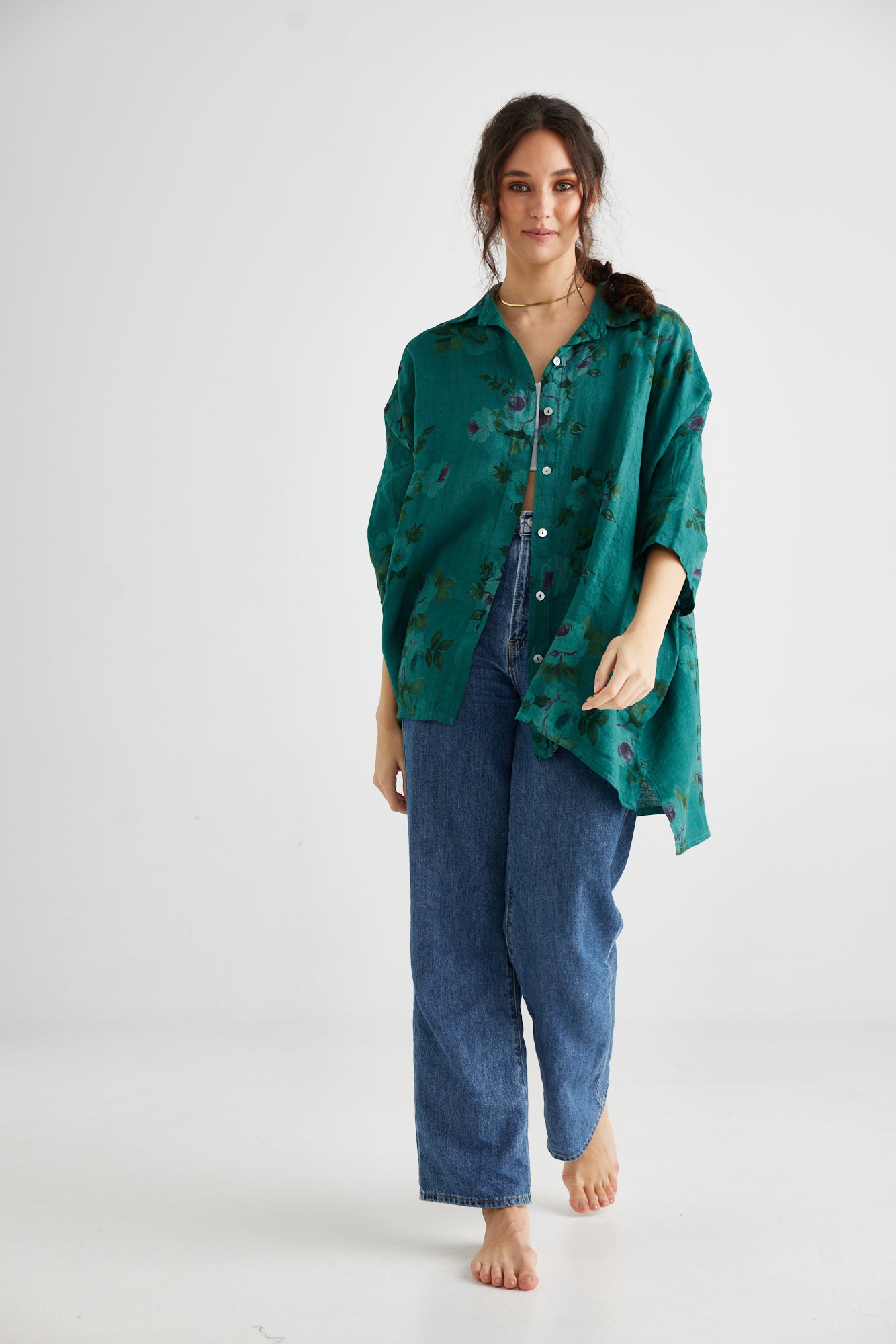 Teddie Linen shirt. Peacock green floral