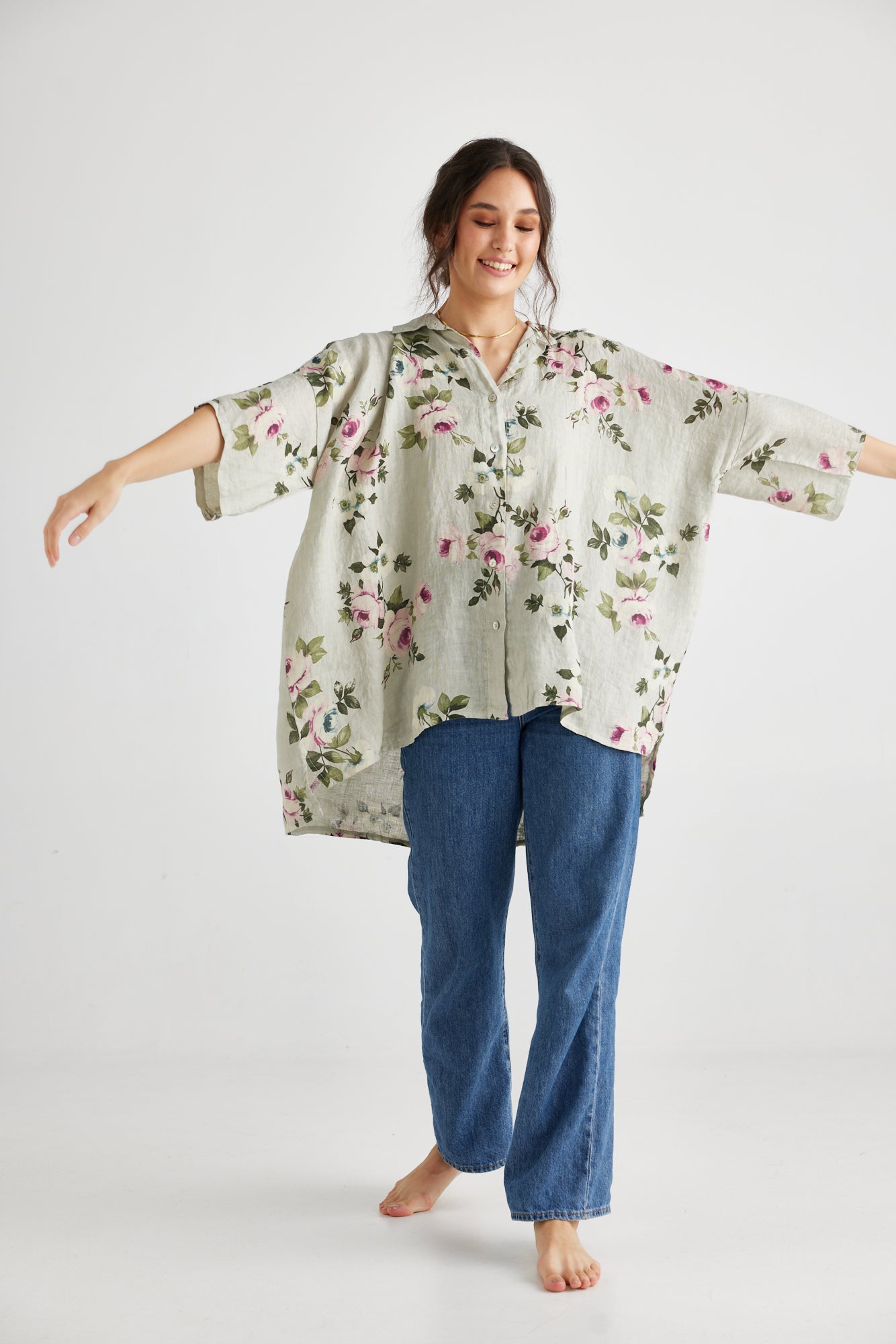 Teddie floral linen shirt. Natural