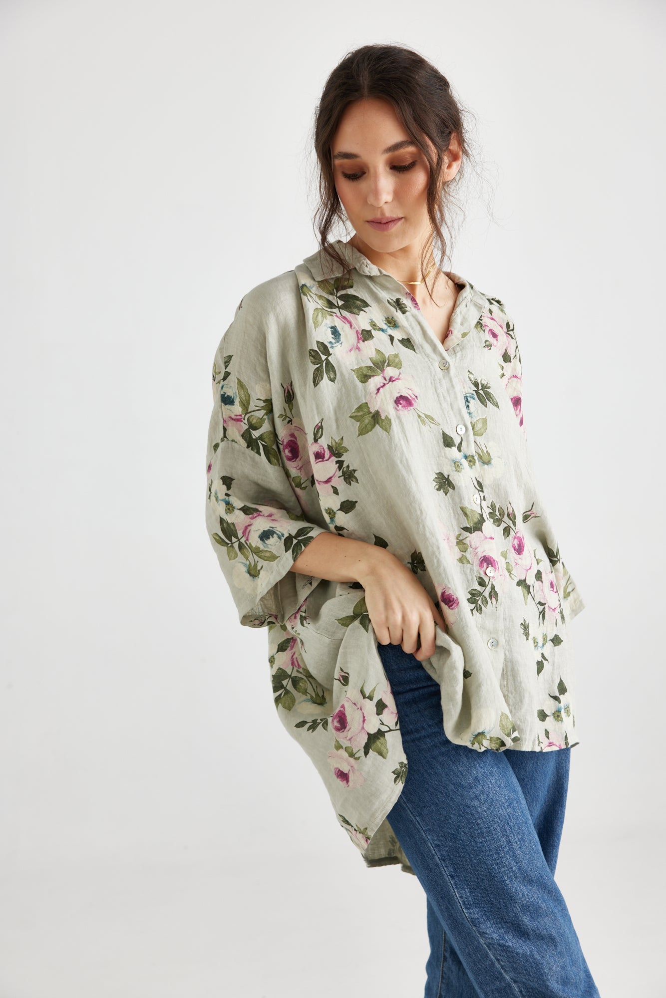 Teddie floral linen shirt. Natural