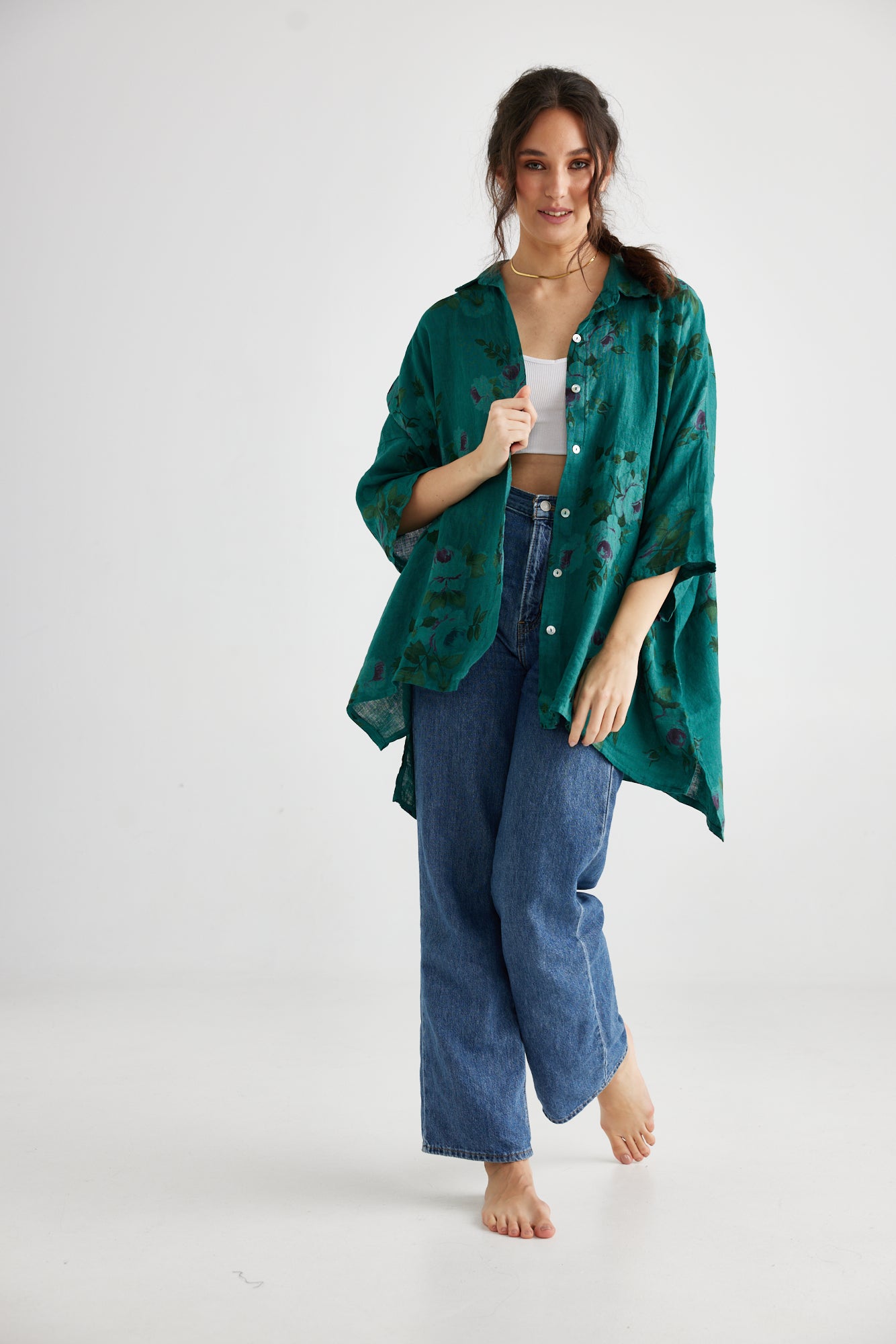 Teddie Linen shirt. Peacock green floral