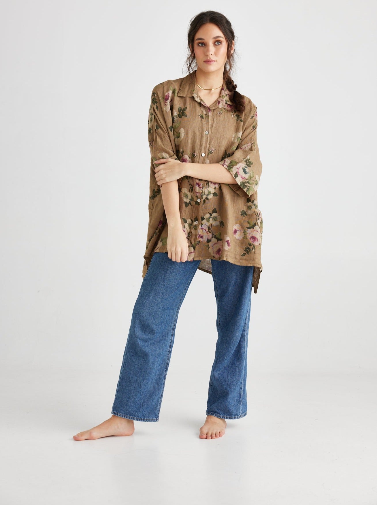 Teddie linen shirt. Olive Branch Floral