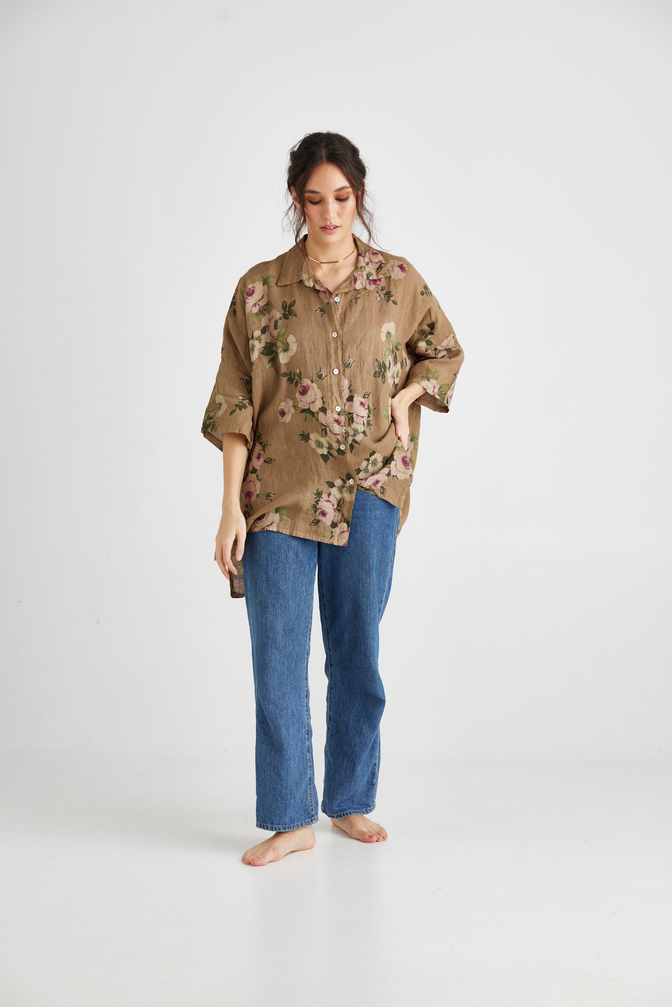 Teddie linen shirt. Olive Branch Floral