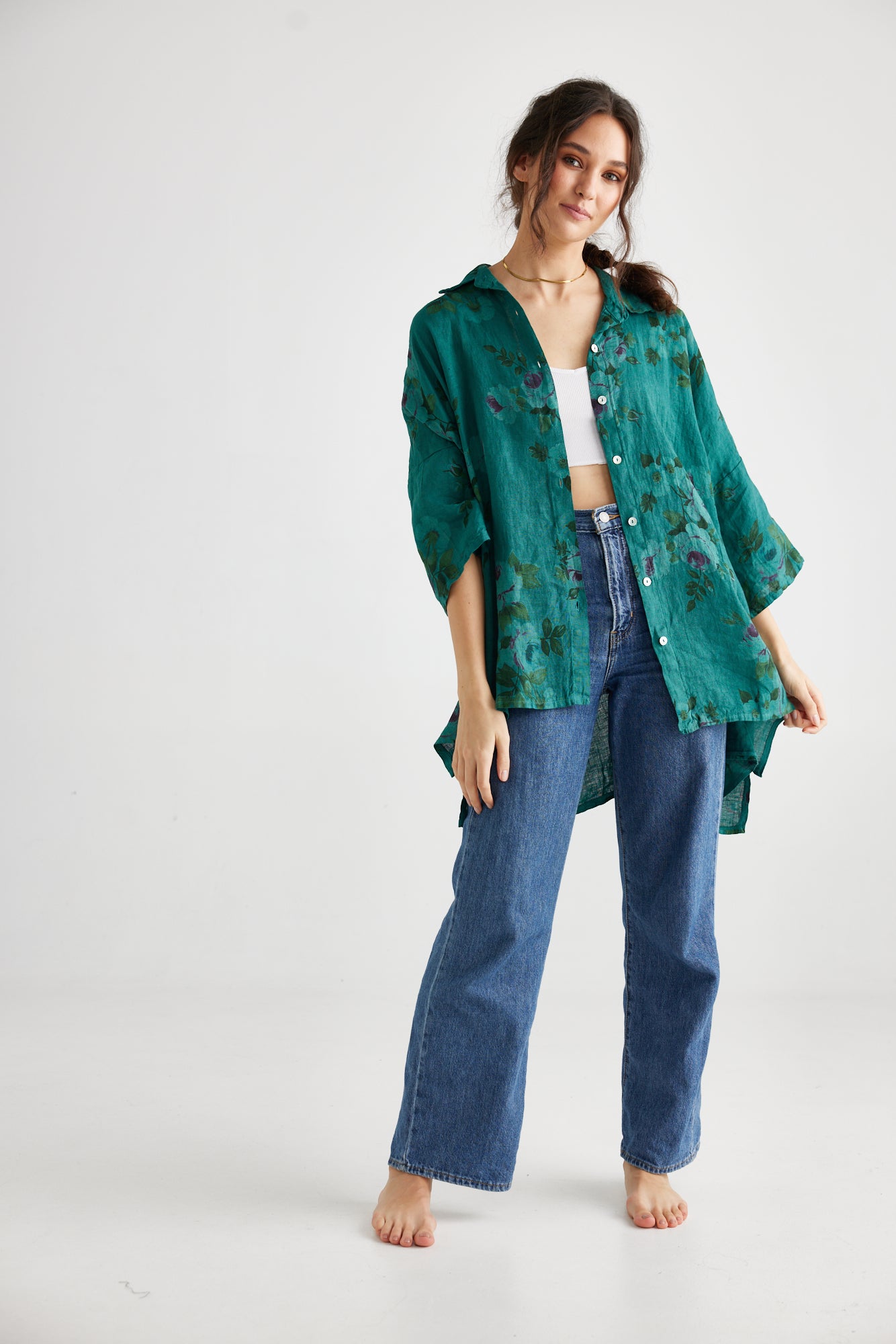 Teddie Linen shirt. Peacock green floral