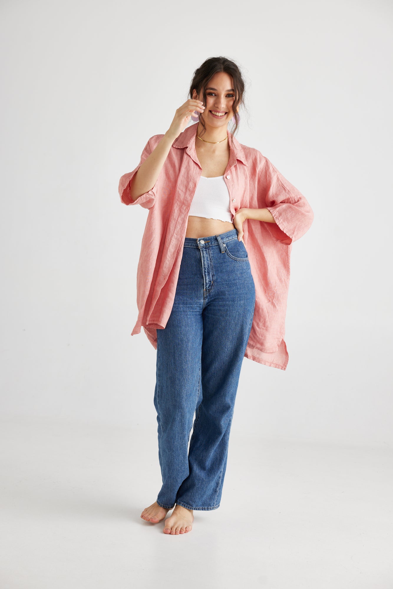 Teddie Linen shirt. Coral pink.