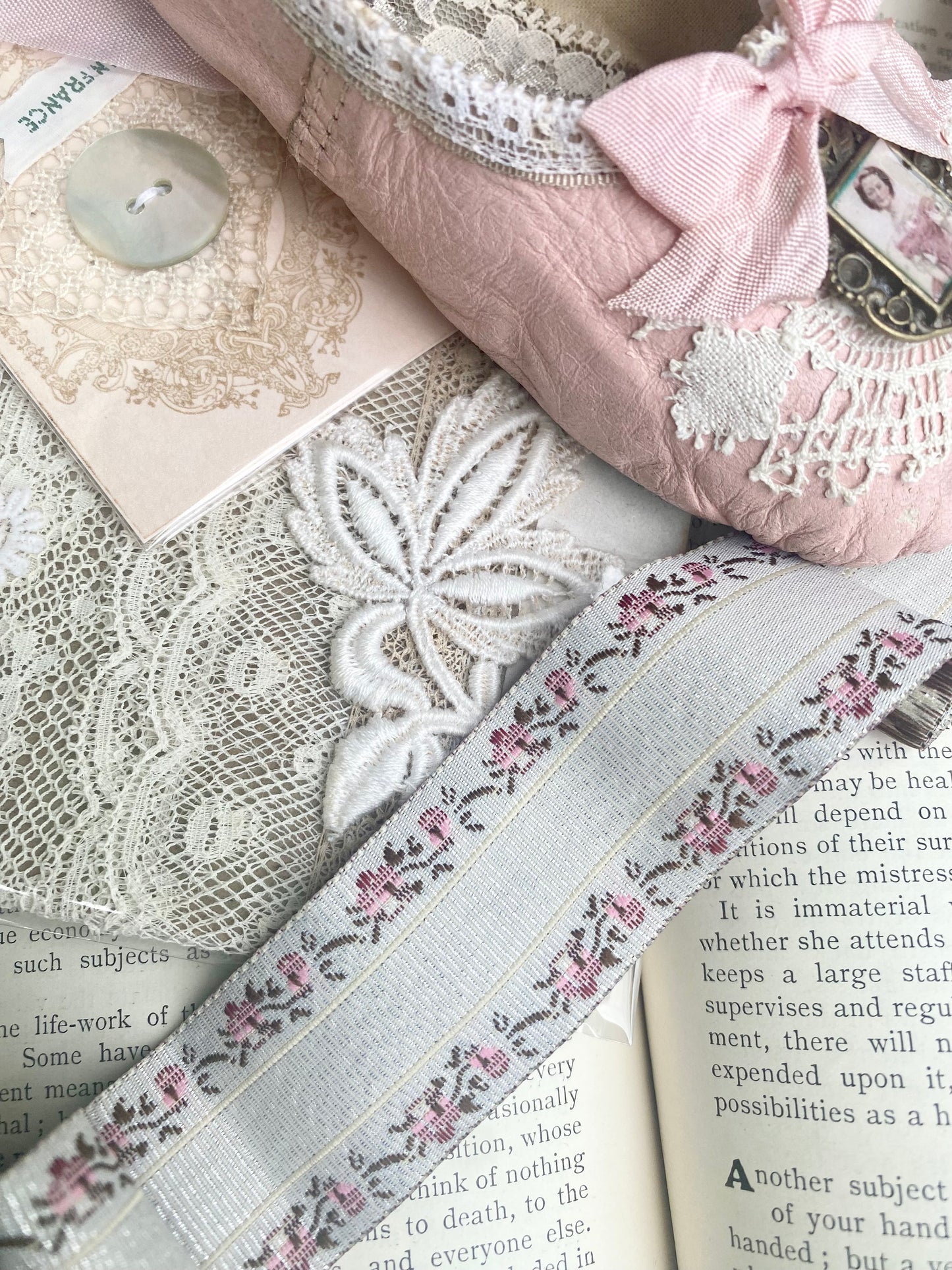 Vintage Embroidered floral ribbon. Alabaster and Blush.