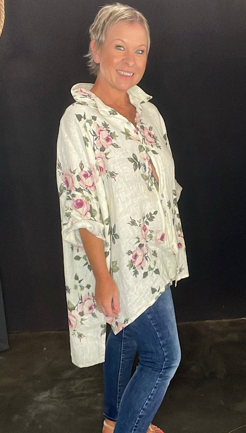 Teddie Linen Shirt. Vanilla Rose