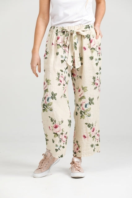 Eva Linen Floral Pants. Antique Cream