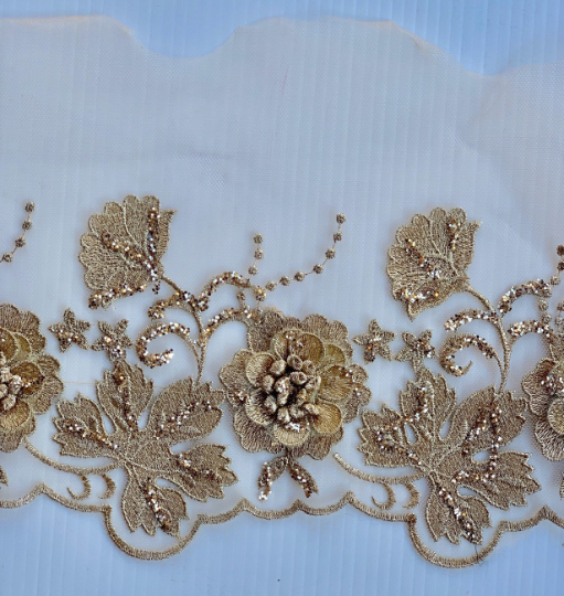 gold glittered lace.  gold on champagne  applique roses