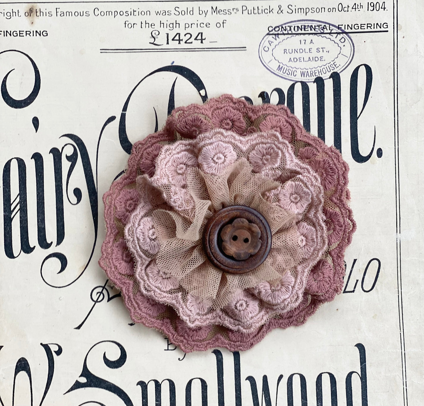 Lacey flower brooch. Dusty Pink and Antique Autumn