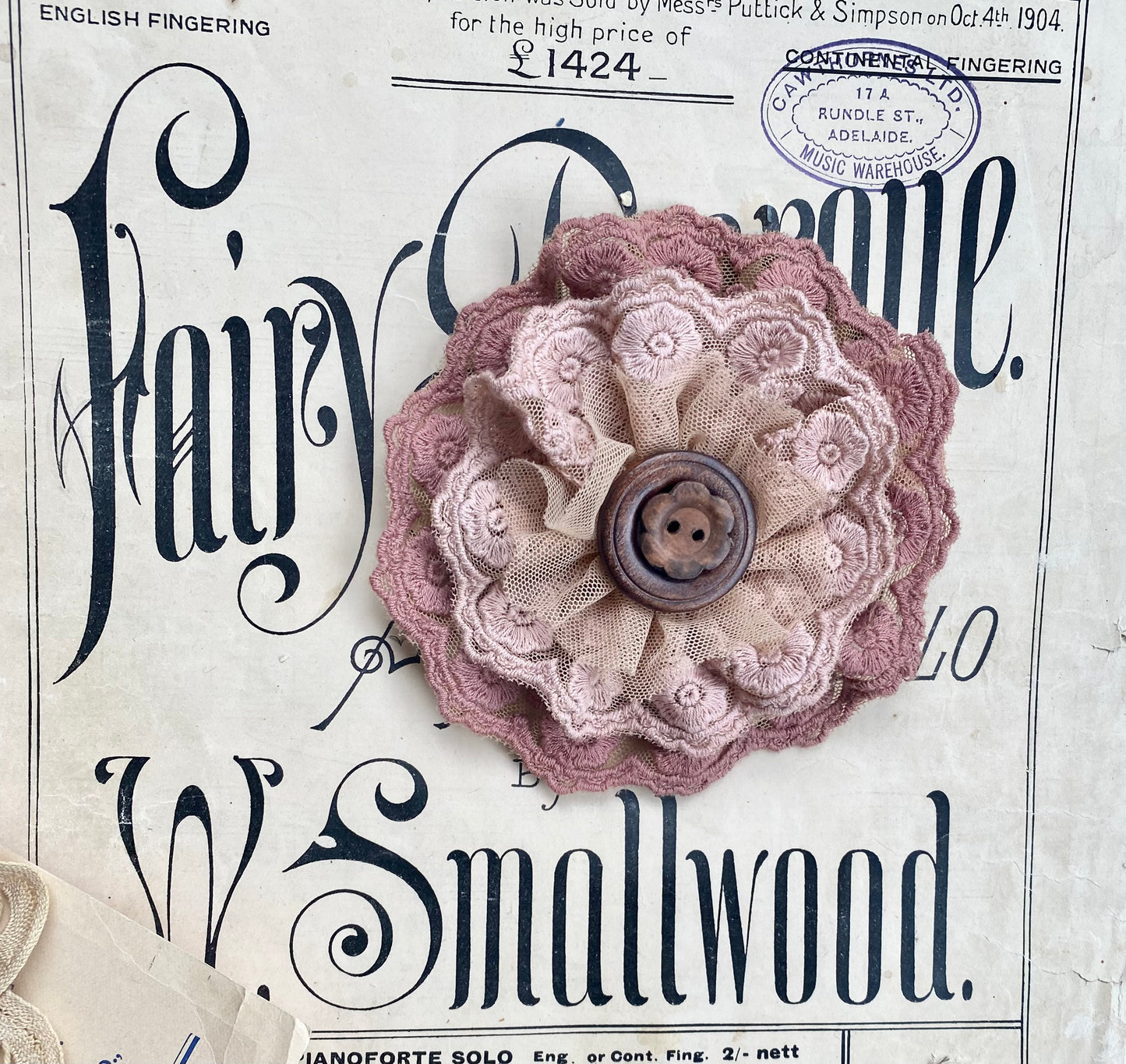 Lacey flower brooch. Dusty Pink and Antique Autumn
