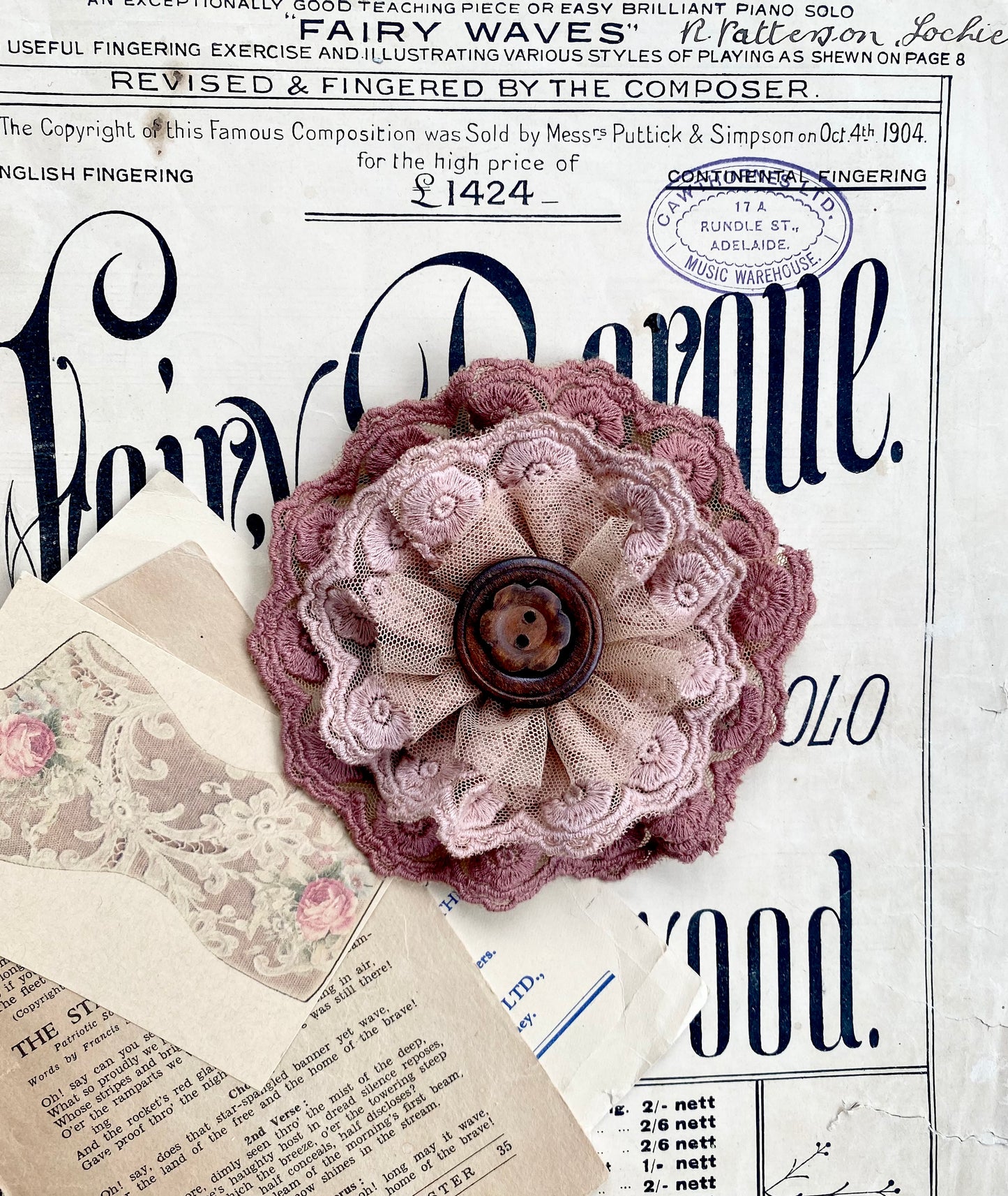 Lacey flower brooch. Dusty Pink and Antique Autumn