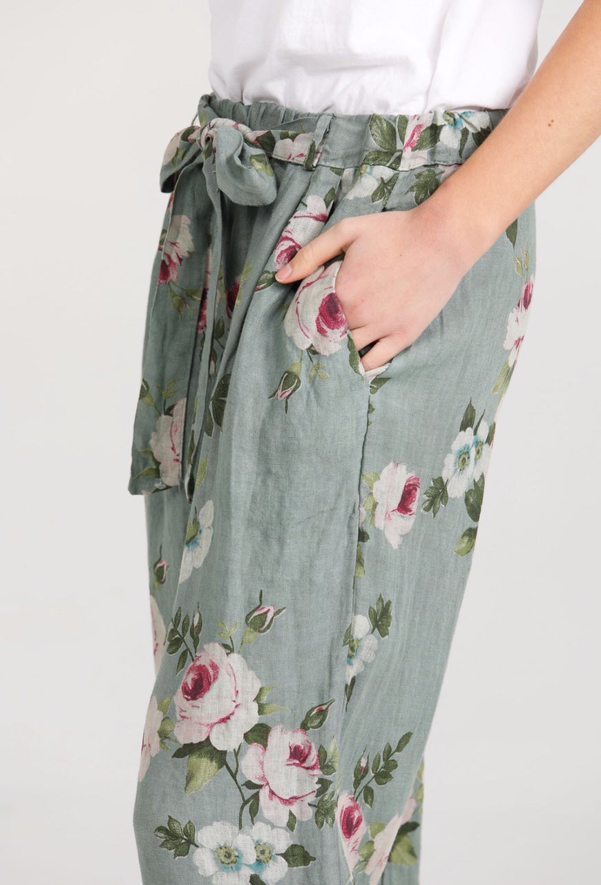 Eva Linen Floral pants. Sage Green