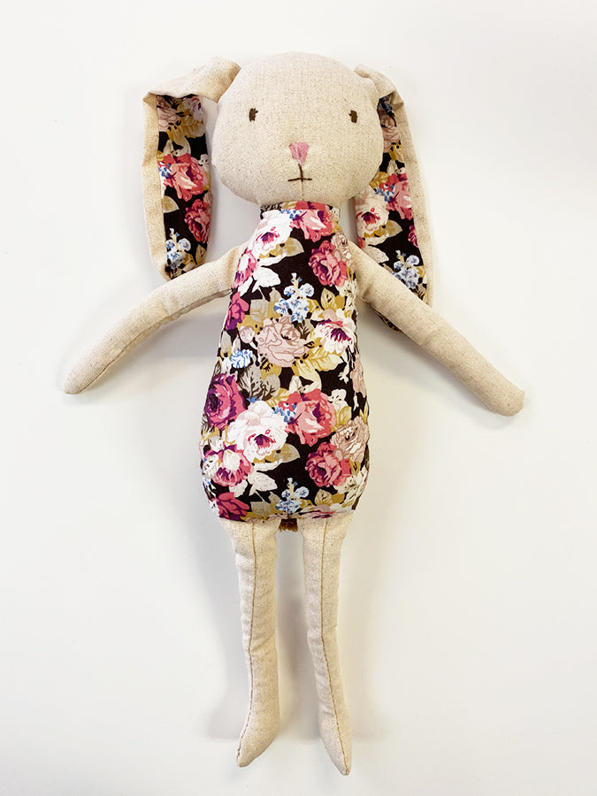 Blossom Bunny Toy. Large floral in chocolate & Burgundy roses