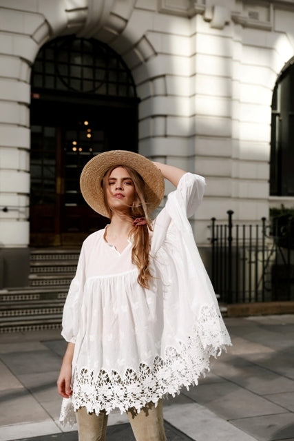 French cotton smock. pink scalloped lace.
