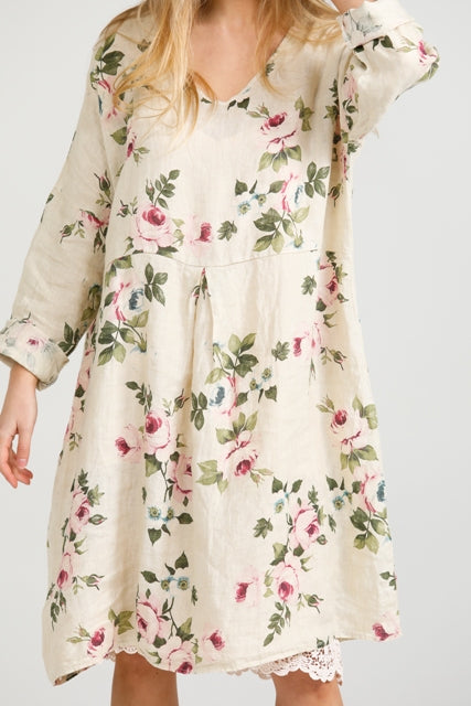 Amelia floral linen dress .  cream
