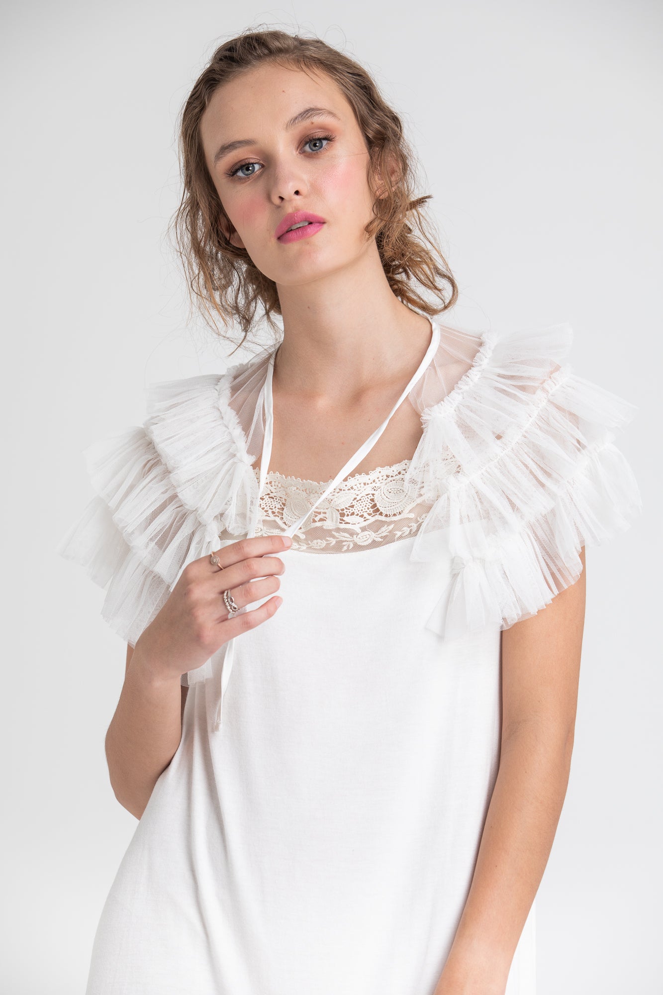 ruffled tulle Faerie cape in icing sugar white.