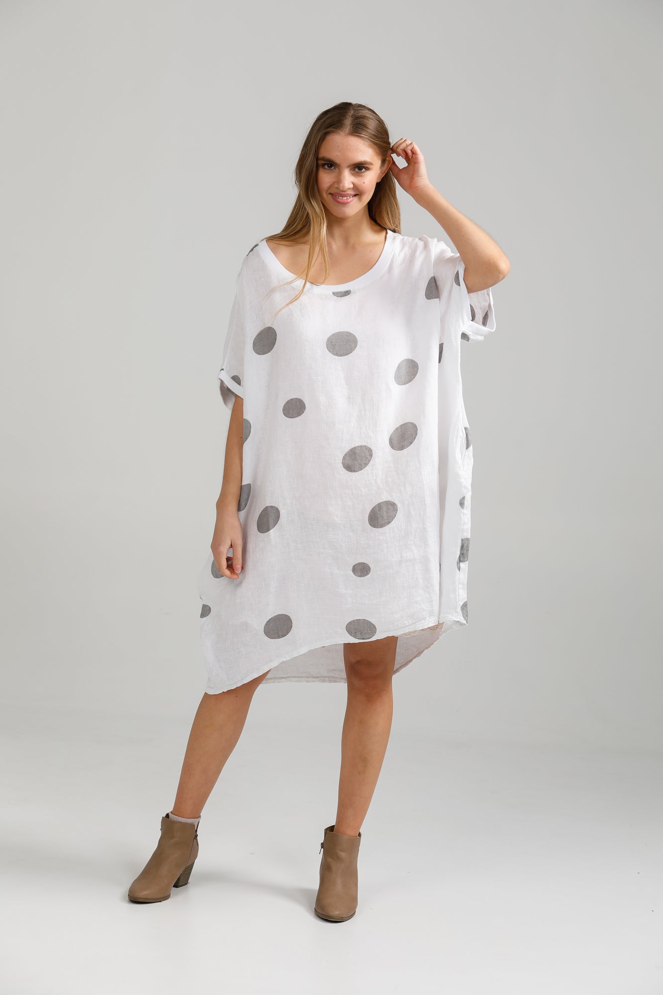 Rosabella linen polka dot dress. white and grey