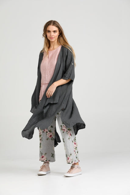 Sabine Linen Duster Coat. Charcoal.