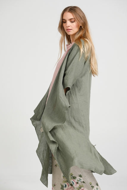 Sabine Linen Duster Coat. Khaki