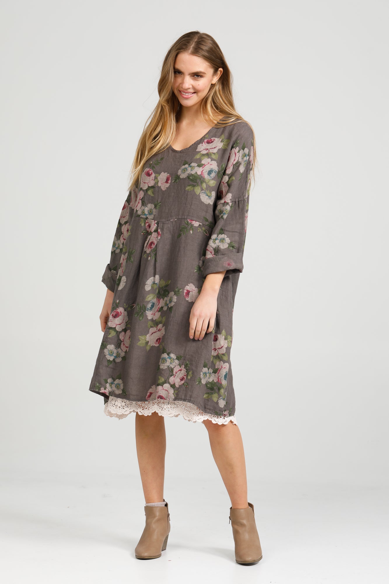 Amelia floral linen dress. charcoal