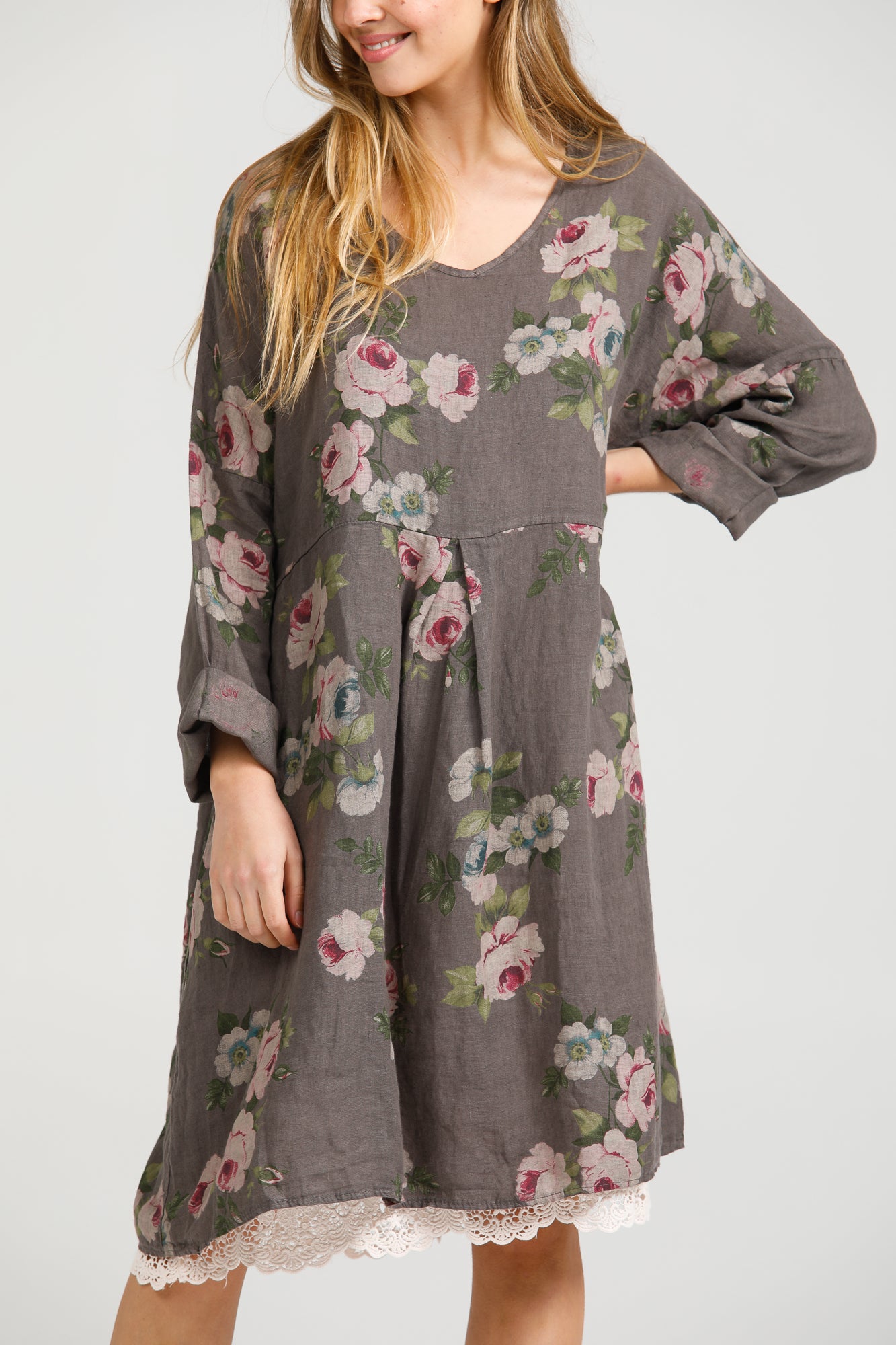 Amelia floral linen dress. charcoal