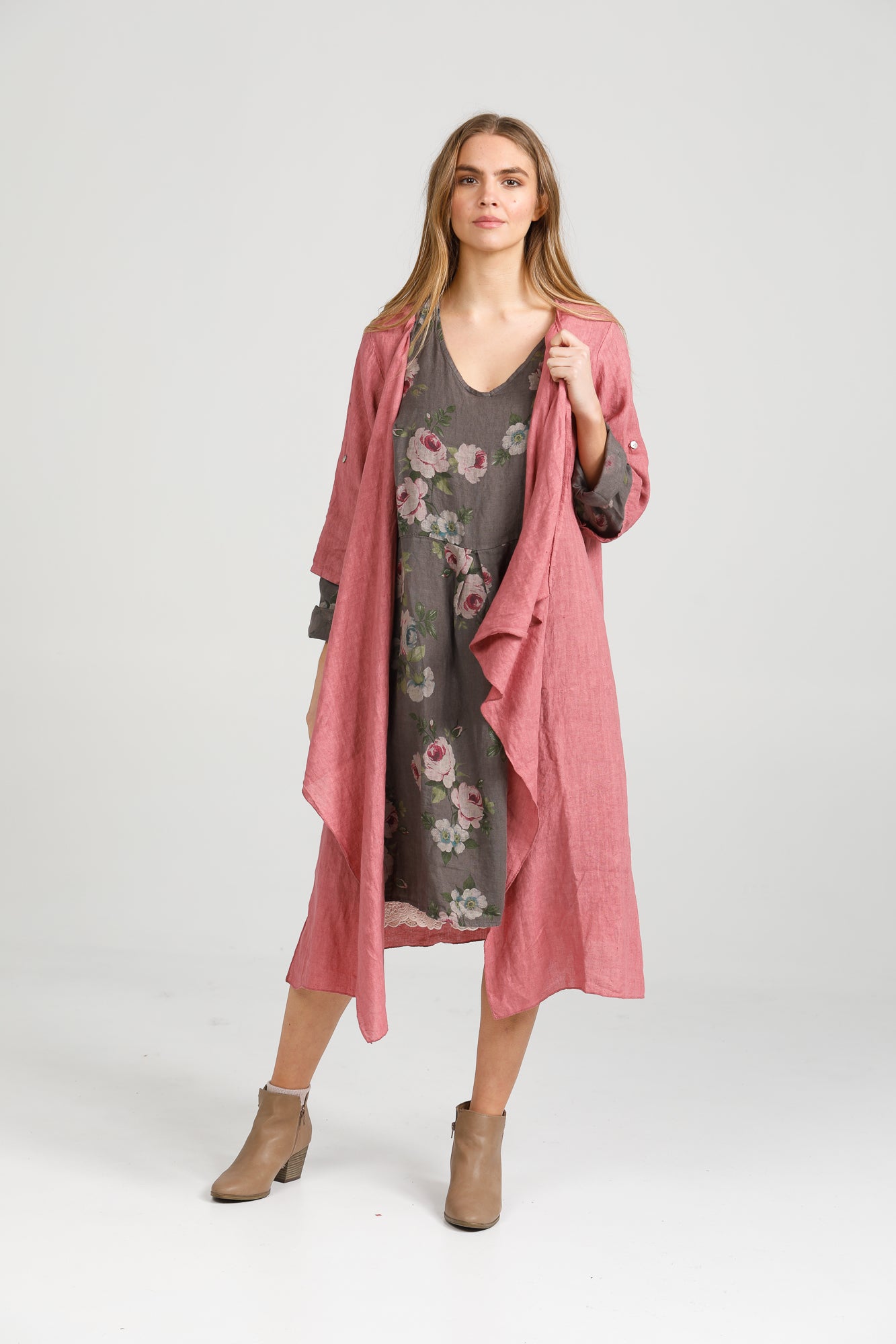 Amelia floral linen dress. charcoal