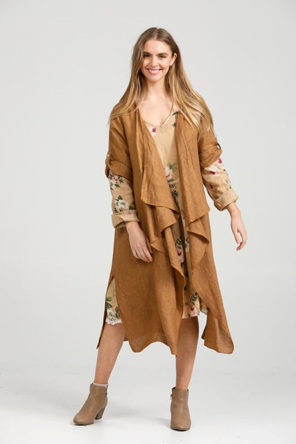 Sabine Linen Duster coat. Tobacco