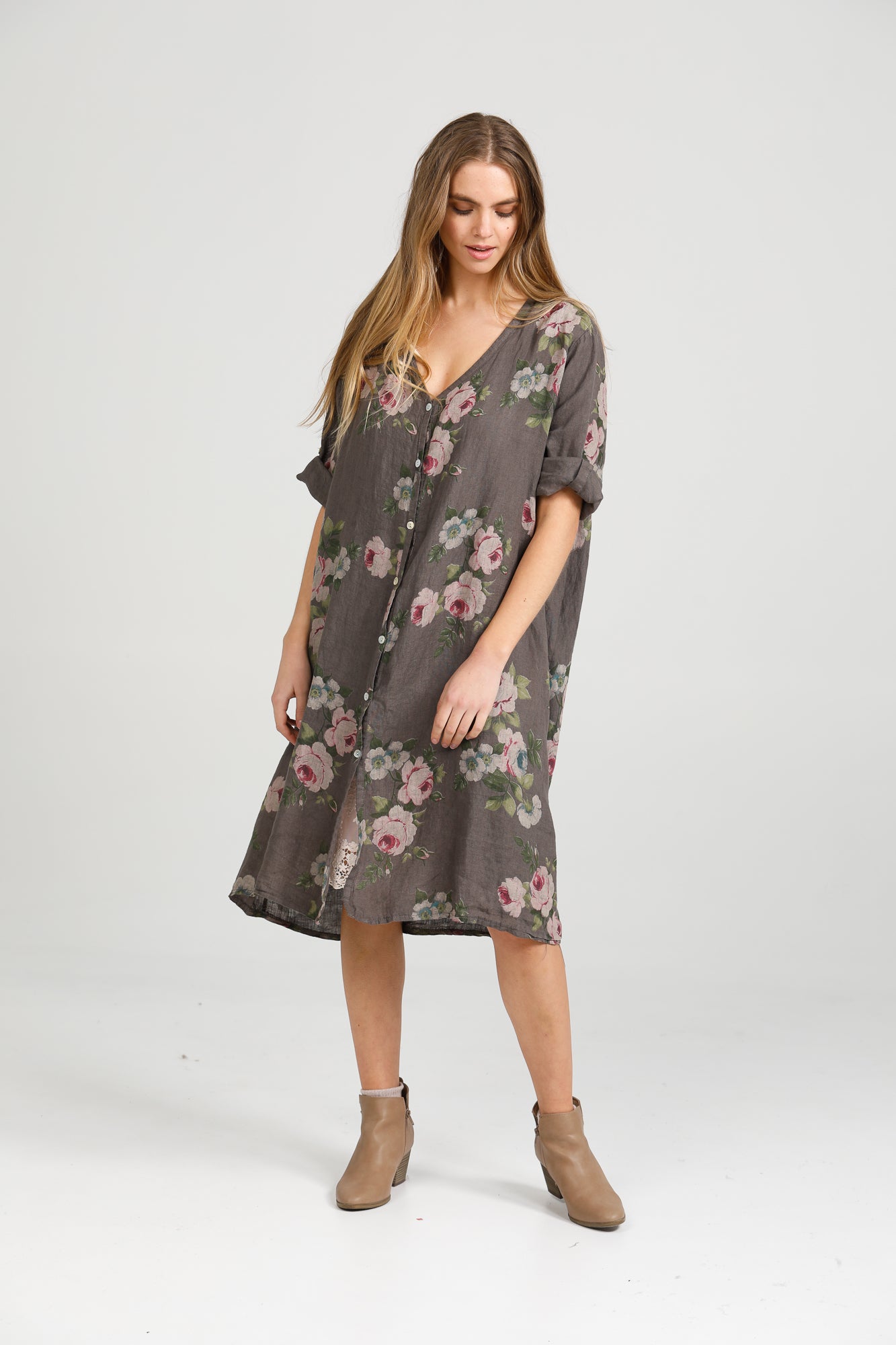 Abigail Floral linen coatdress . Charcoal