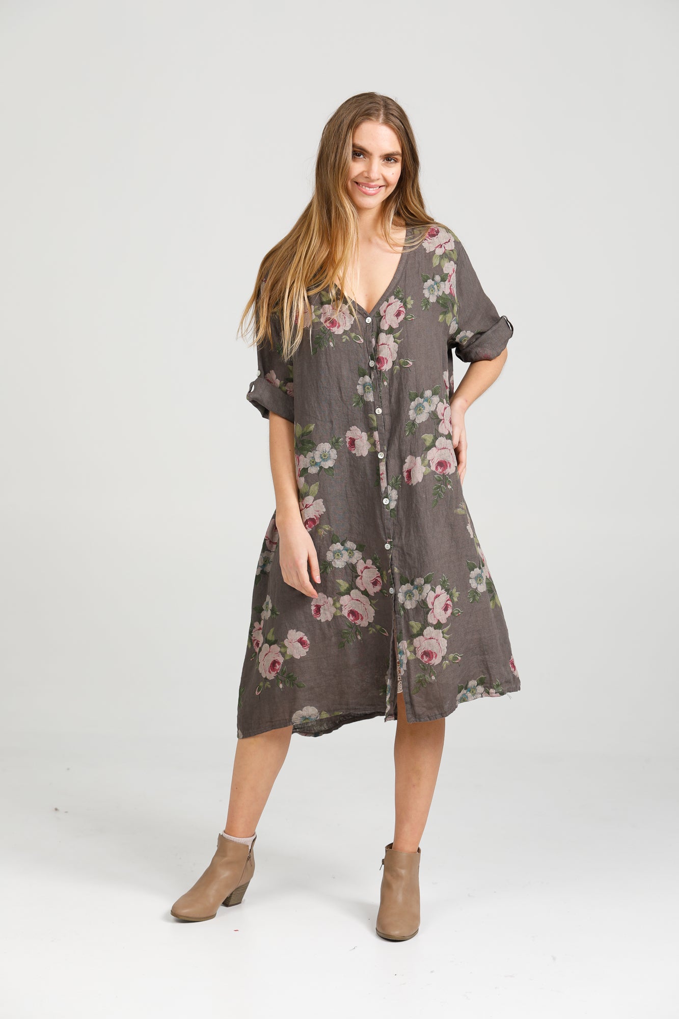 Abigail Floral linen coatdress . Charcoal