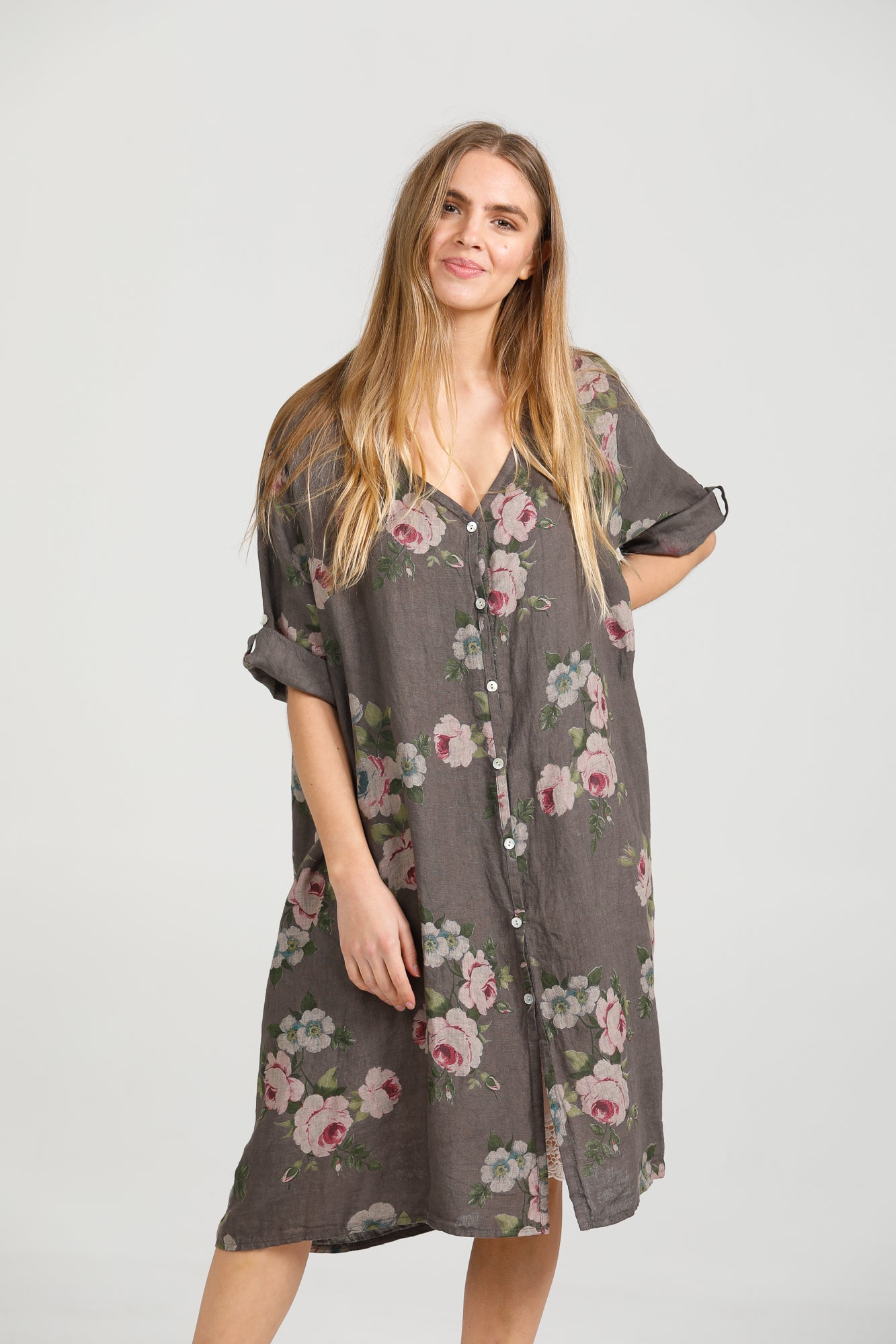 Abigail Floral linen coatdress . Charcoal