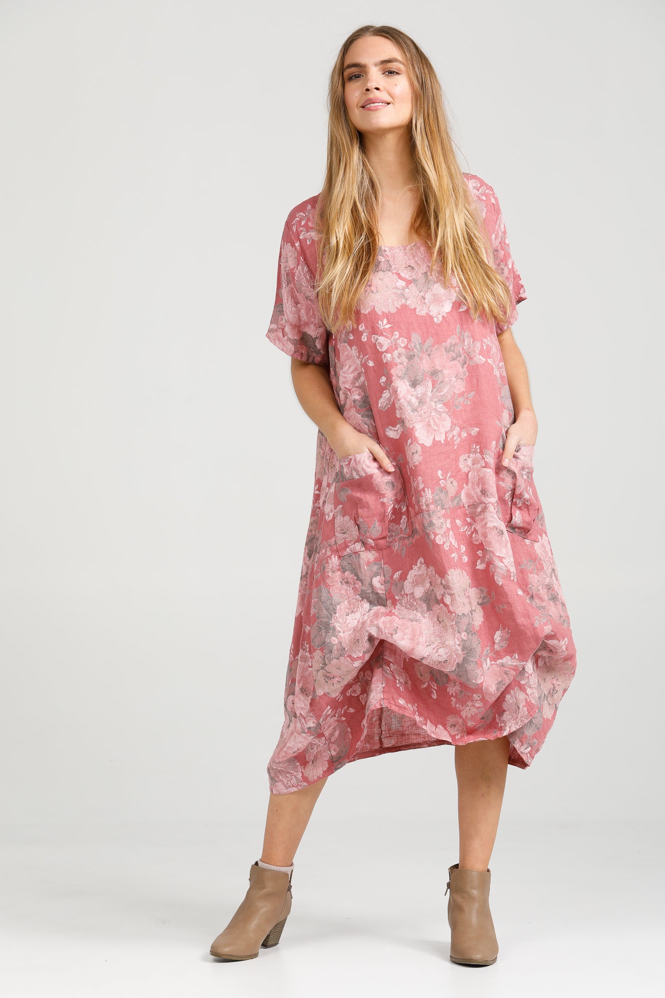 Primavera linen floral dress. Rose Pink Floral.